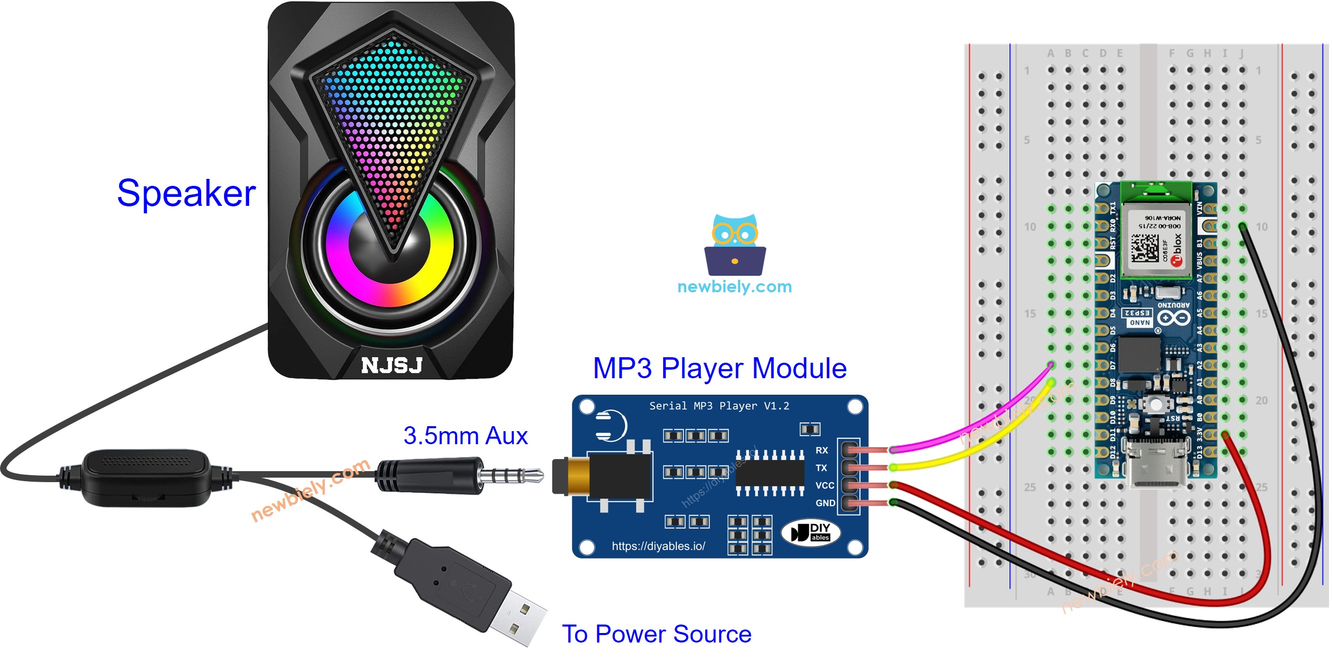 Schaltplan des Arduino Nano ESP32 MP3-Player-Moduls
