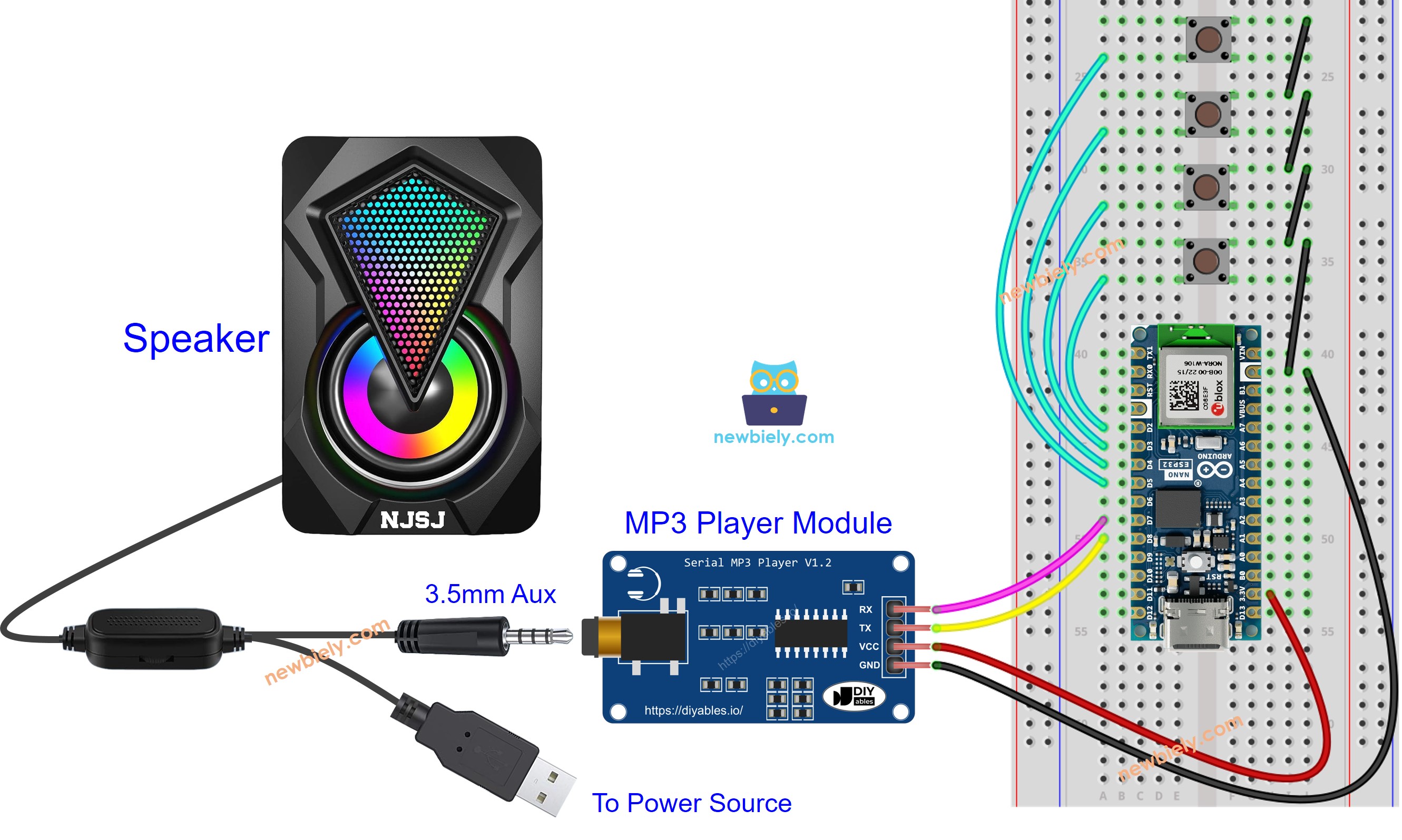 Arduino Nano ESP32 MP3-Player-Lautsprecher Schaltplan