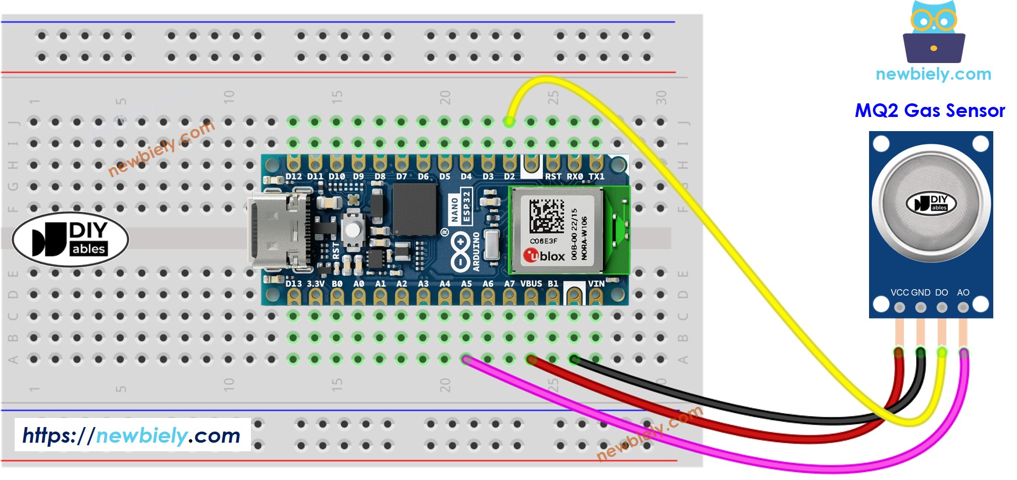 Arduino Nano ESP32 MQ-2 Gassensor-Verdrahtungsdiagramm