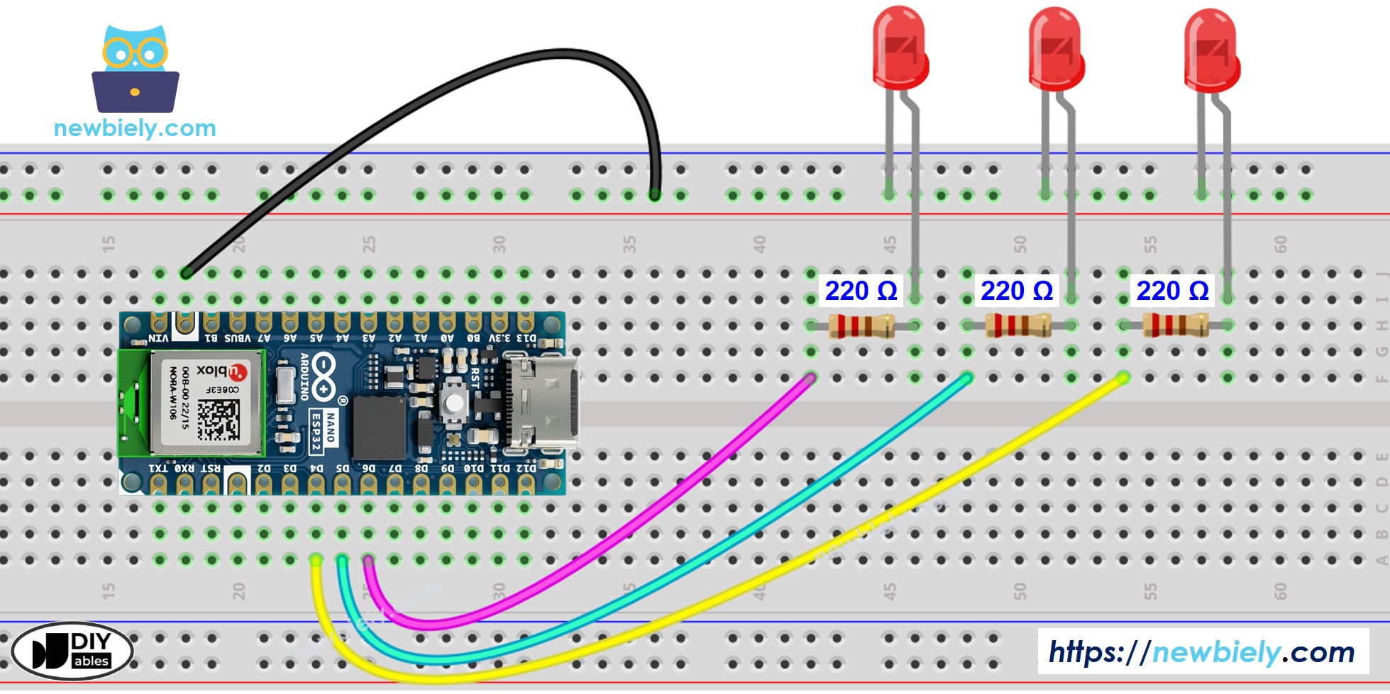 Arduino Nano ESP32 Mehrere LEDs Verdrahtungsdiagramm