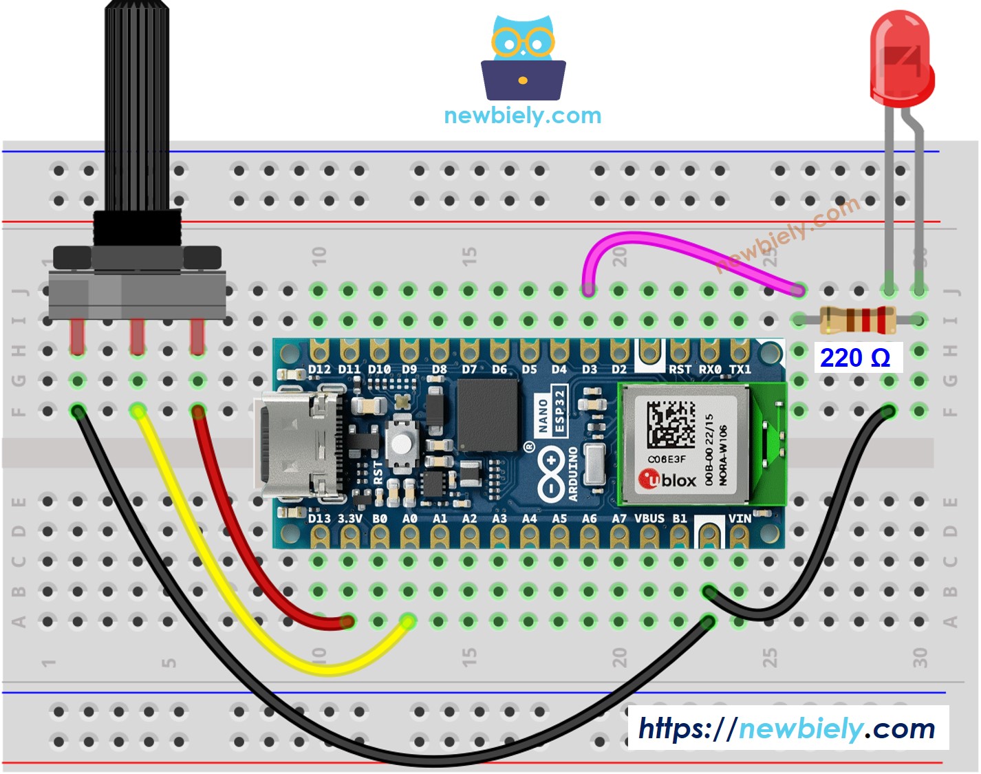 Arduino Nano ESP32 Drehpotentiometer LED Verdrahtungsdiagramm