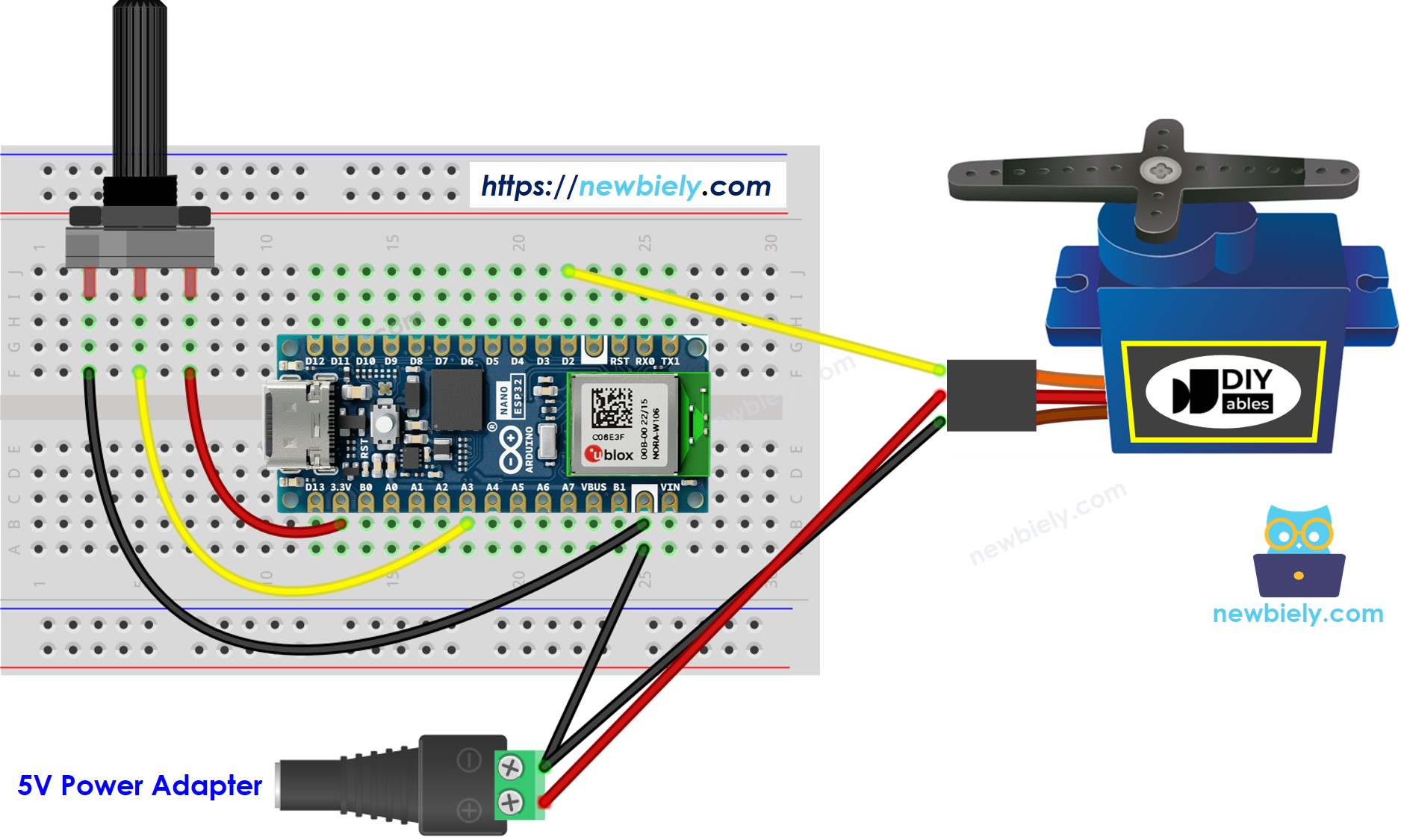 Arduino Nano ESP32 Servomotor Potentiometer Verdrahtungsdiagramm