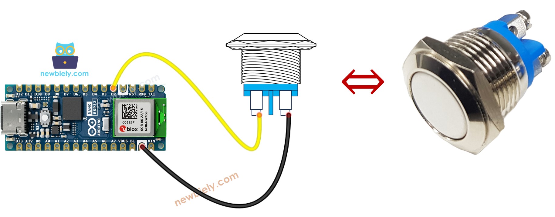 Arduino Nano ESP32 Zwei-Pin-Taster Verdrahtungsdiagramm