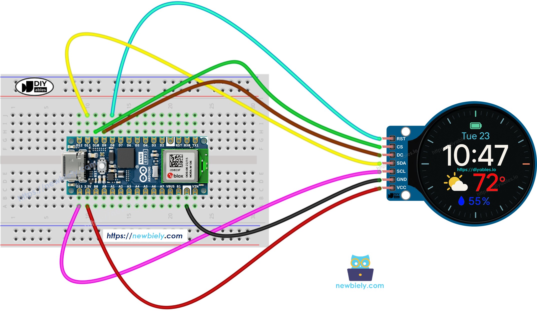 Arduino Nano ESP32 1,28-Zoll rundes TFT-LCD-Display Verdrahtungsdiagramm