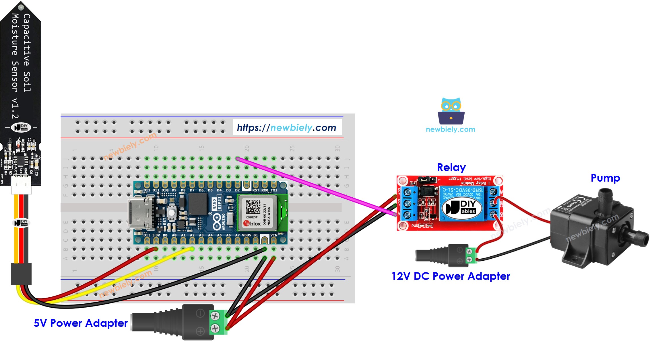Arduino Nano ESP32 Bodenfeuchtigkeitssensor Pumpenverdrahtungsdiagramm