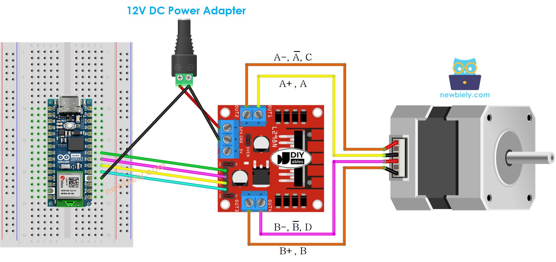 Arduino Nano ESP32 Schrittmotor L298N-Treiber Verdrahtungsdiagramm