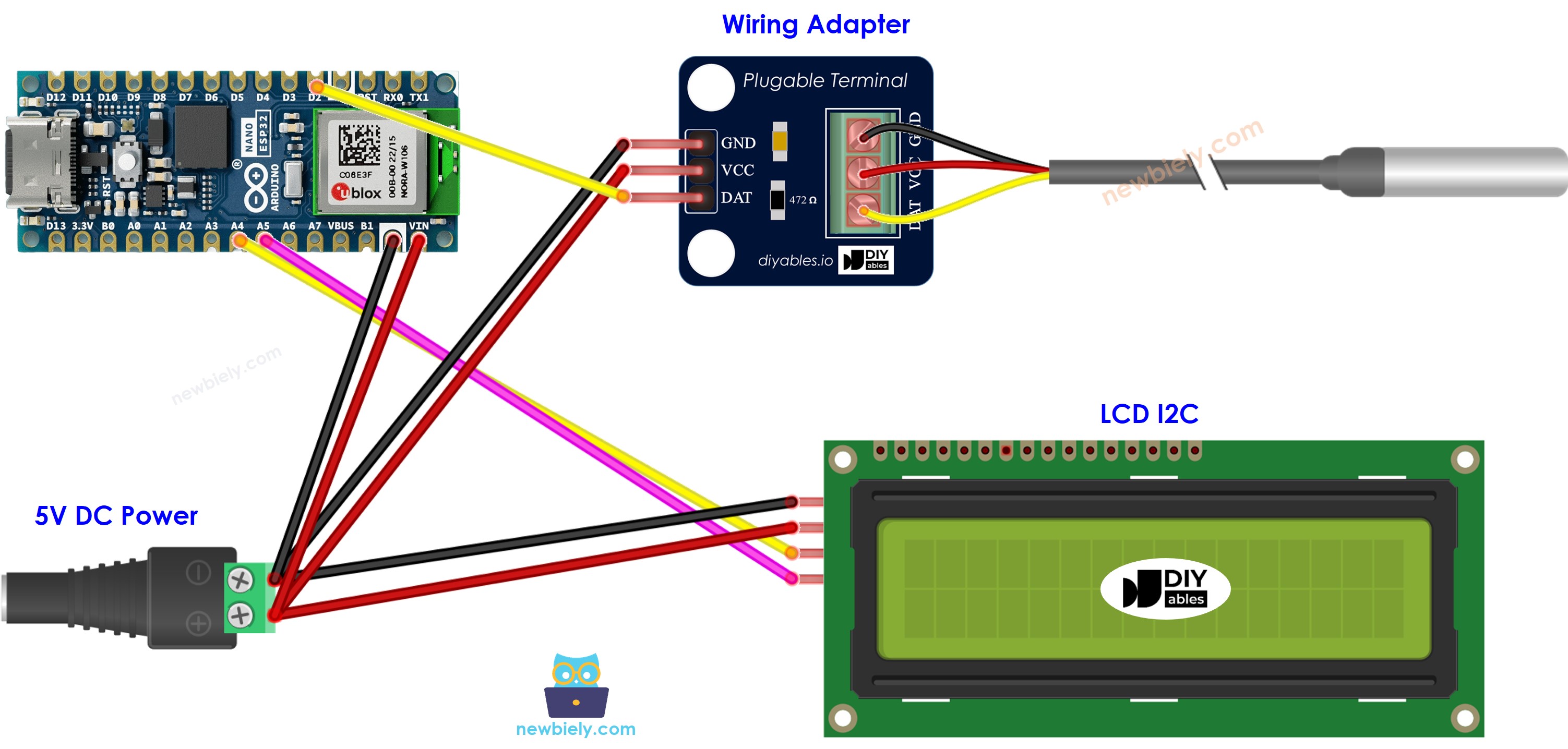 Arduino Nano ESP32 Temperatursensor LCD Verdrahtungsdiagramm