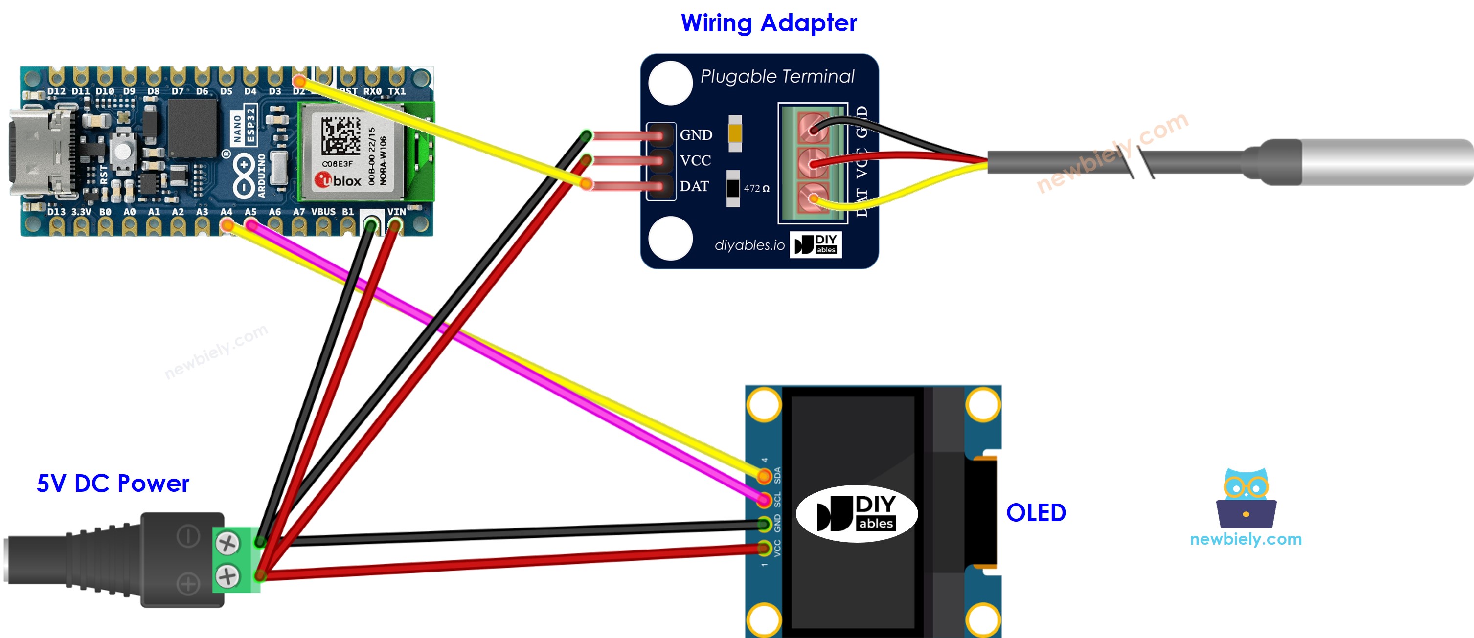 Arduino Nano ESP32 DS18B20-Temperatursensor OLED-Schaltplan