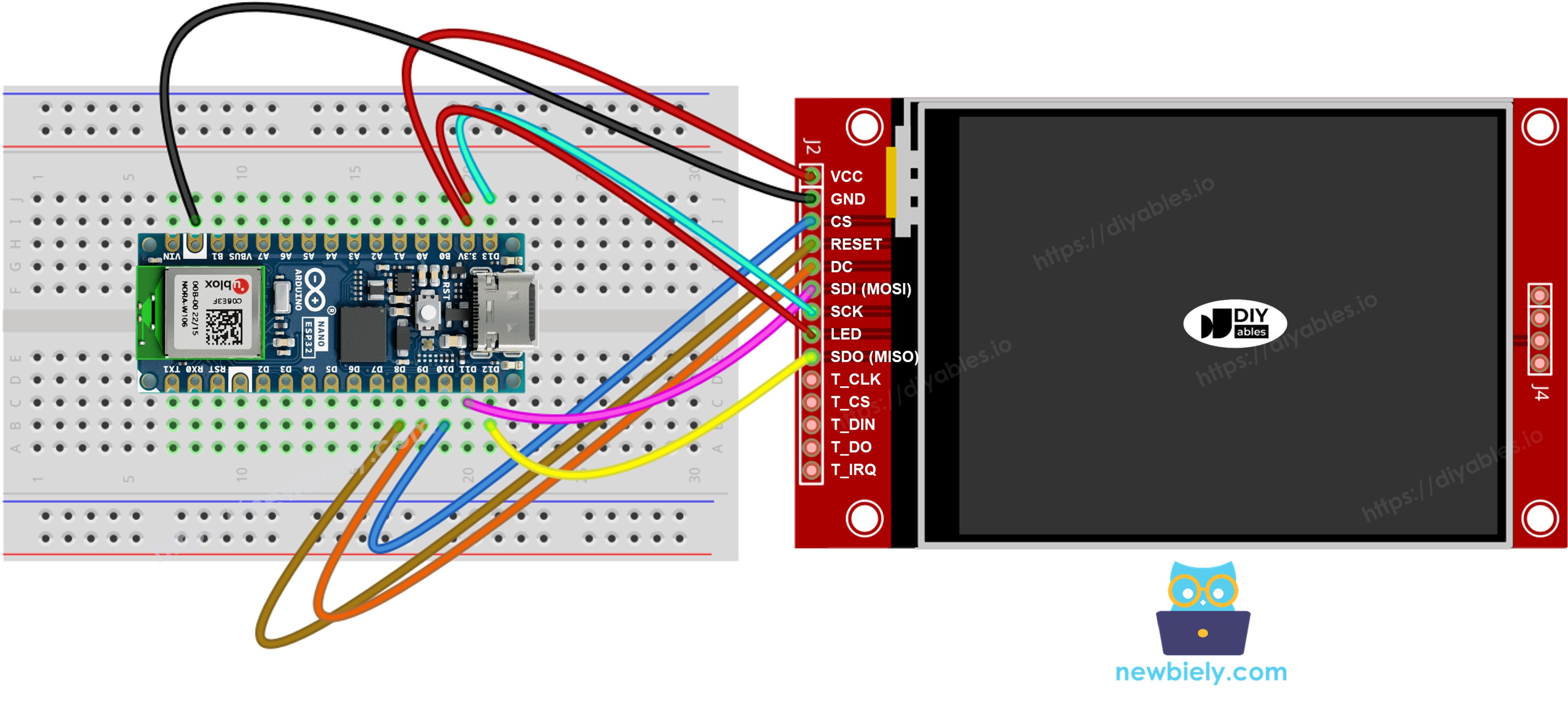 Arduino Nano ESP32 TFT SPI Display Verdrahtungsdiagramm ohne Touch