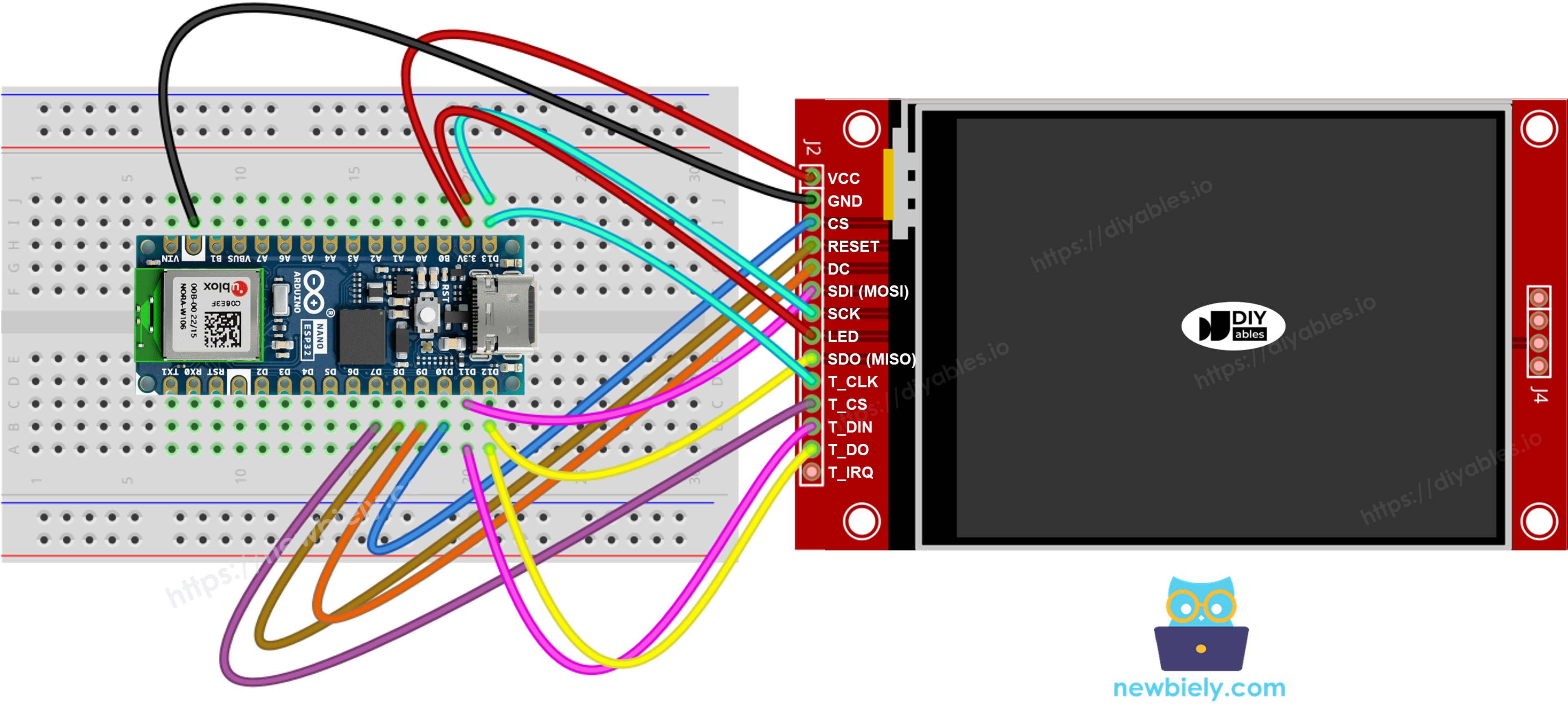 Arduino Nano ESP32 TFT SPI Display Verdrahtungsdiagramm mit Touch