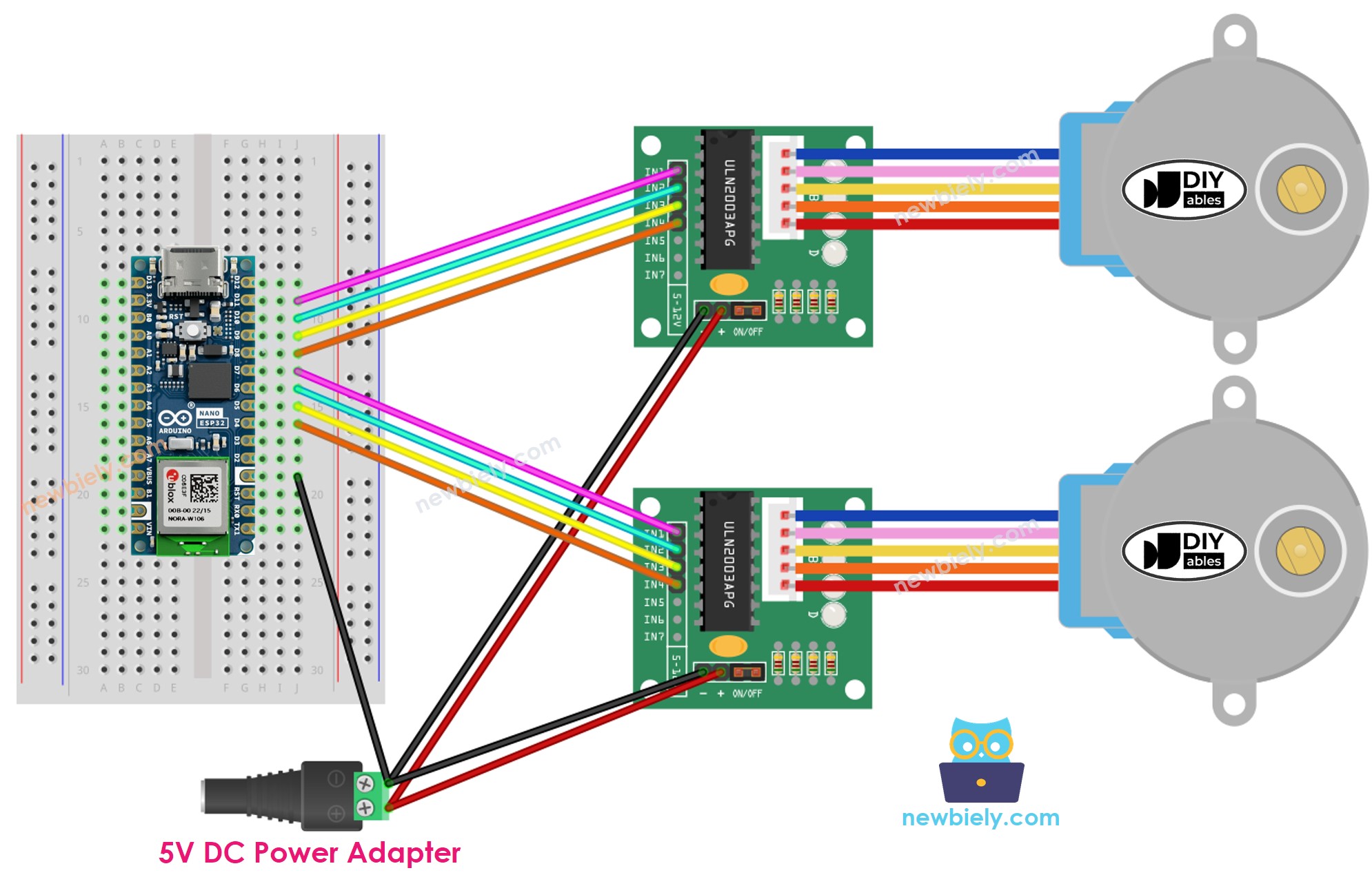 Arduino Nano ESP32 zwei Schrittmotoren ULN2003-Treiber Verdrahtungsdiagramm