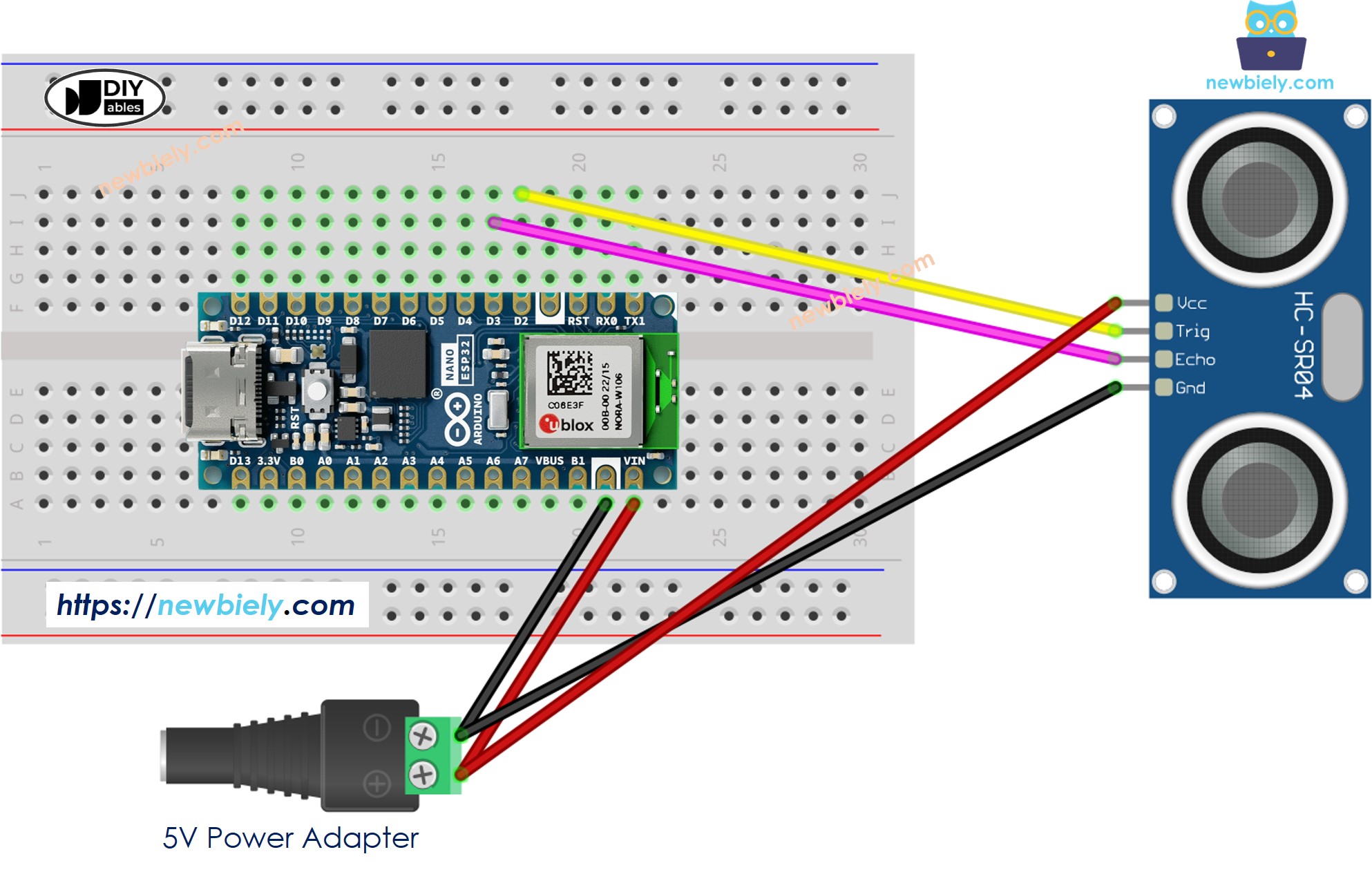 Arduino Nano ESP32 Ultraschallsensor Externe Stromversorgung Schaltplan