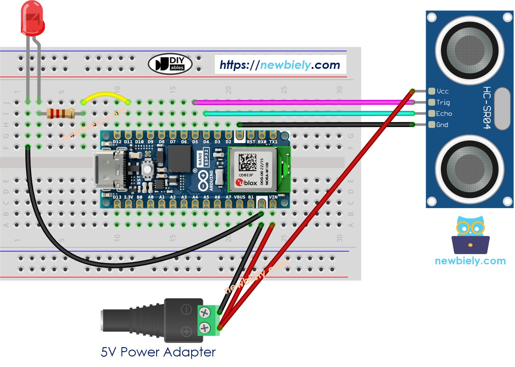 Arduino Nano ESP32 Ultraschallsensor LED-Schaltplan 5-V-Stromquelle
