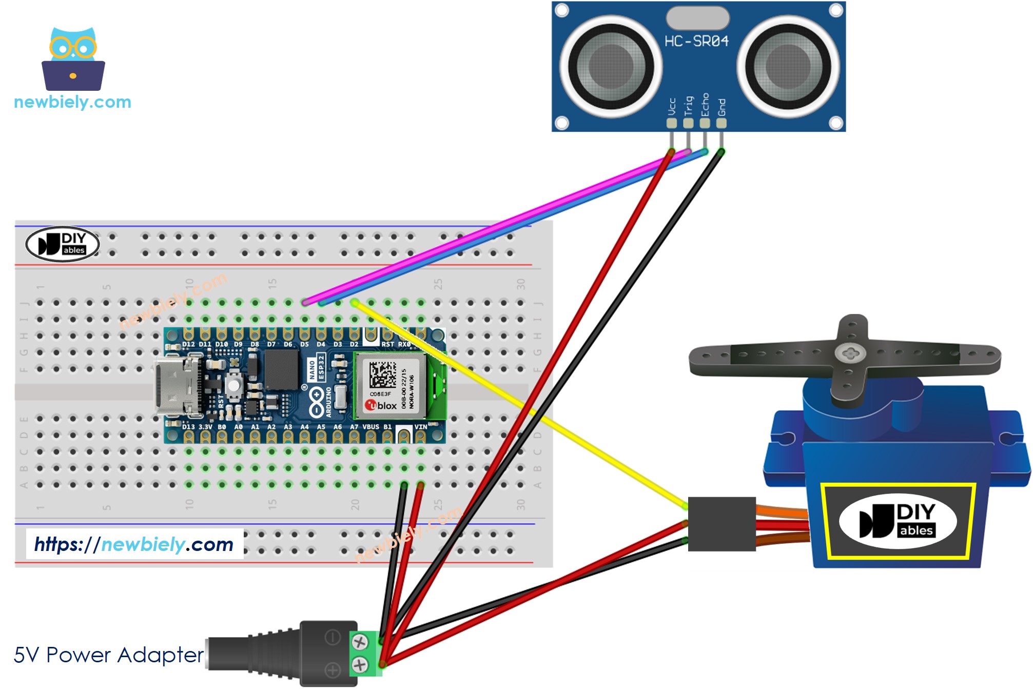 Arduino Nano ESP32 Ultraschallsensor Servo-Motor Verdrahtungsdiagramm