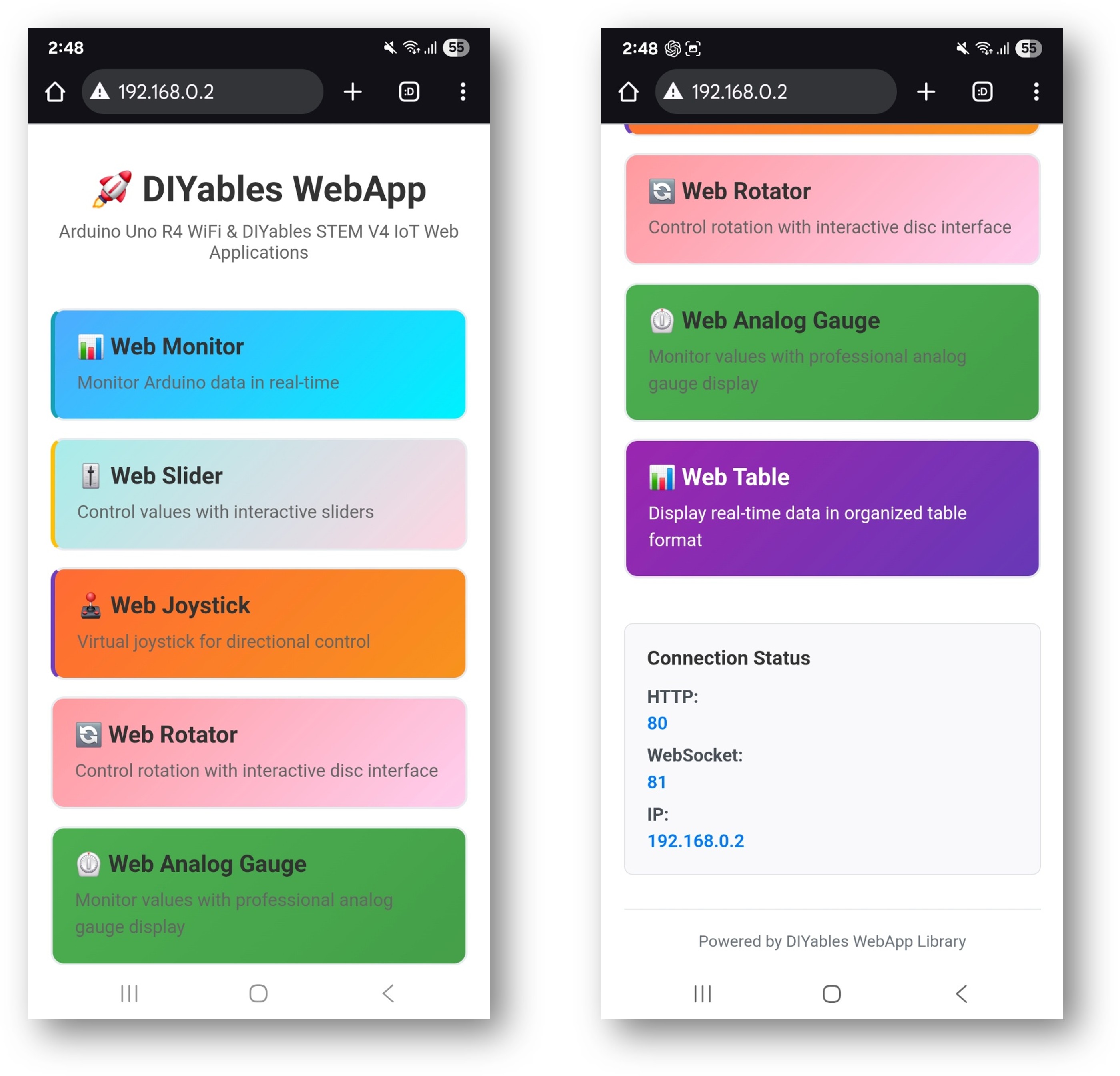 Arduino Nano ESP32 DIYables WebApp Startseite mit mehreren Web-Apps