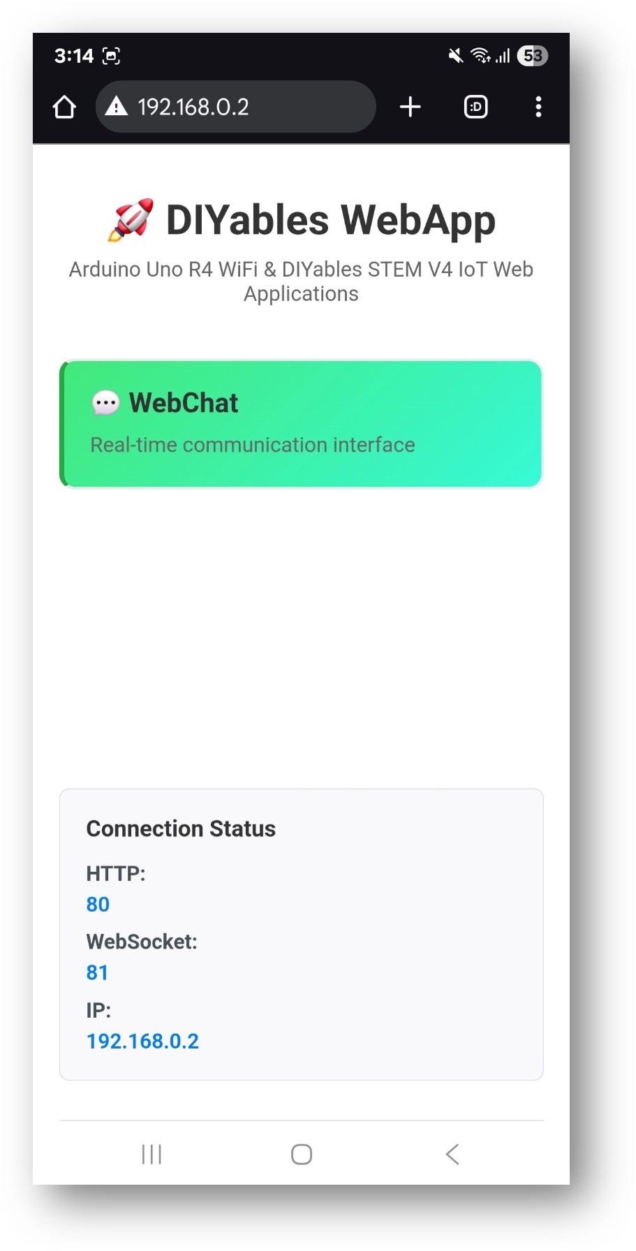 Arduino Nano ESP32 DIYables WebApp Startseite mit Web-Chat-App
