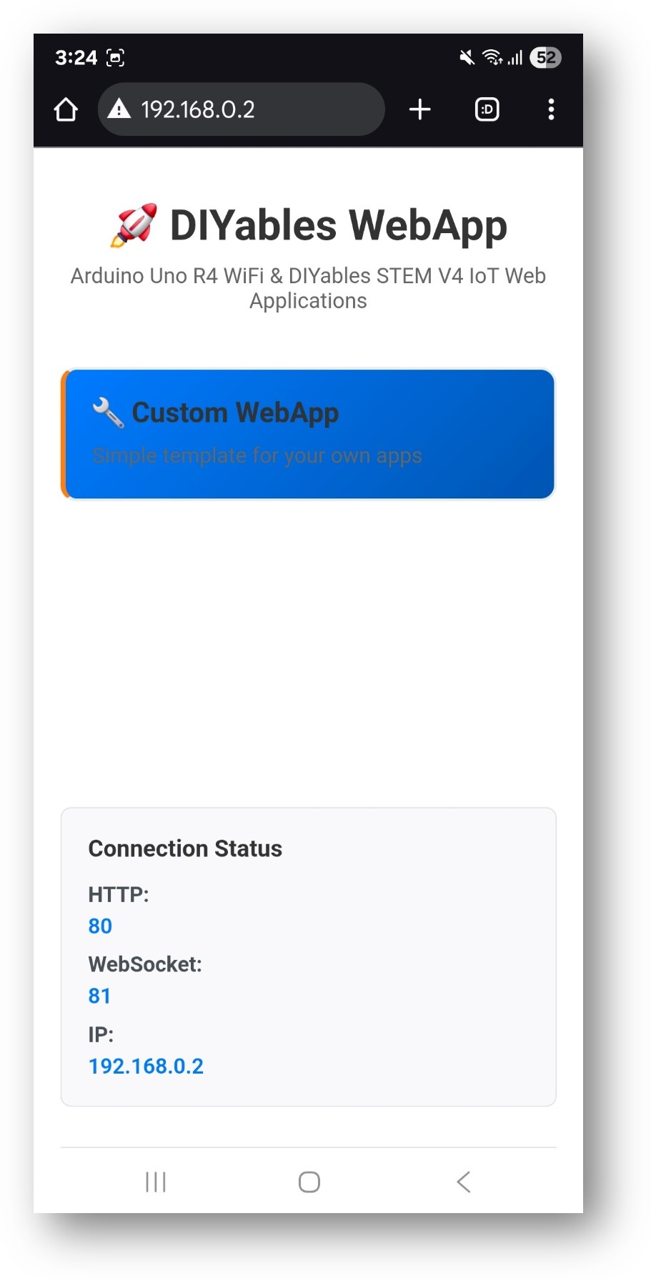 Arduino Nano ESP32 DIYables WebApp Startseite mit Web-Custom-App
