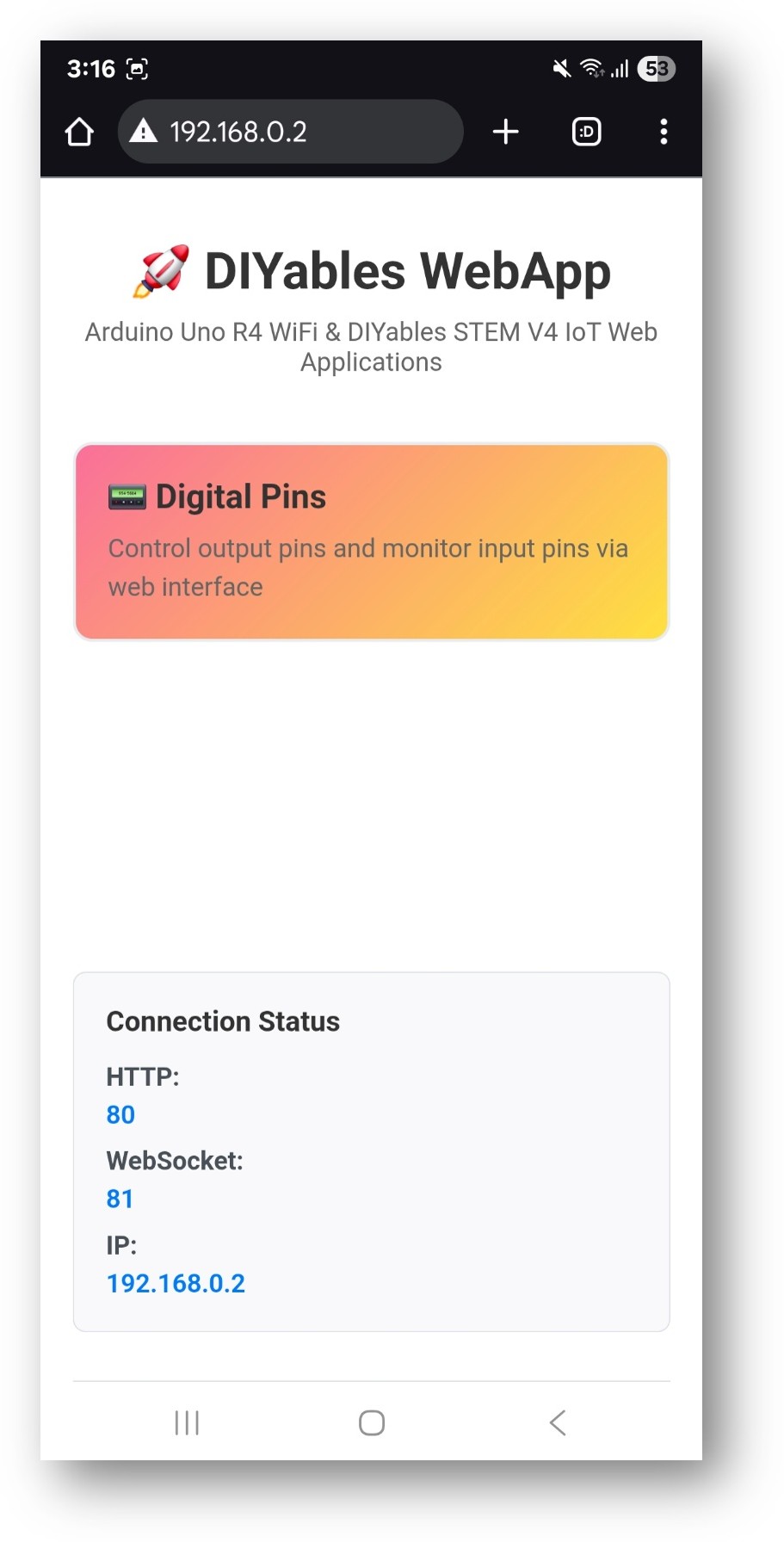 Arduino Nano ESP32 DIYables WebApp Startseite mit Web-Digital-Pins-App