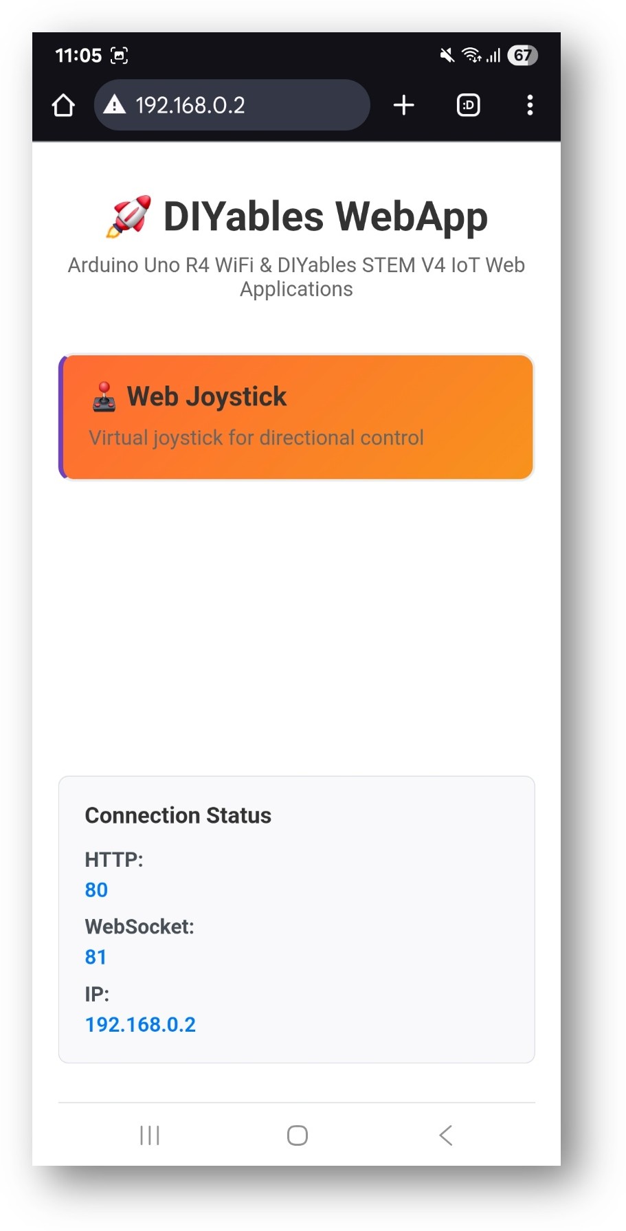 Arduino Nano ESP32 DIYables WebApp Startseite mit Web-Joystick-App