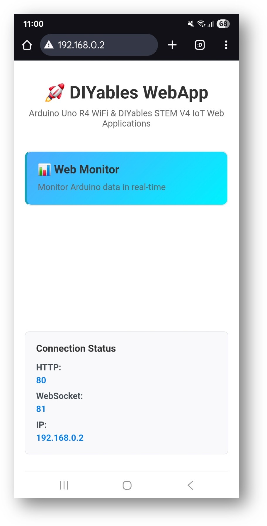 Arduino Nano ESP32 DIYables WebApp Startseite mit Web Monitor App