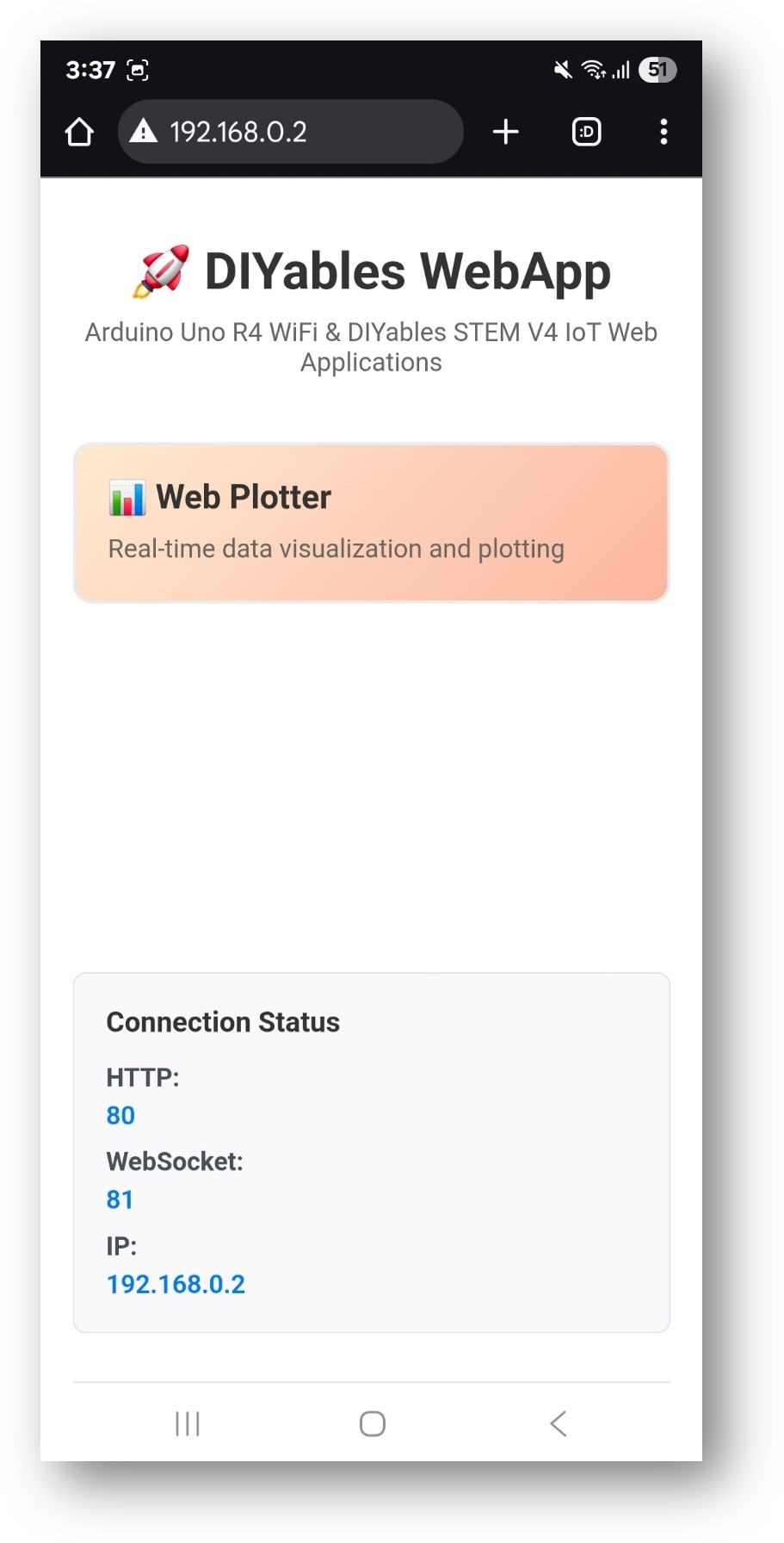 Arduino Nano ESP32 DIYables WebApp Startseite mit Web Plotter App