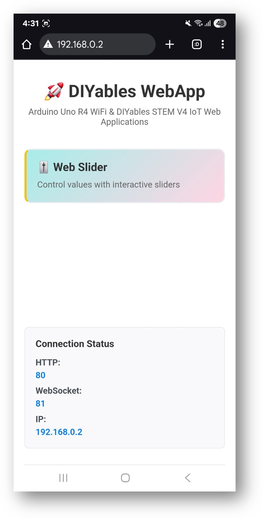 Arduino Nano ESP32 DIYables WebApp Startseite mit Web-Schieberegler-App