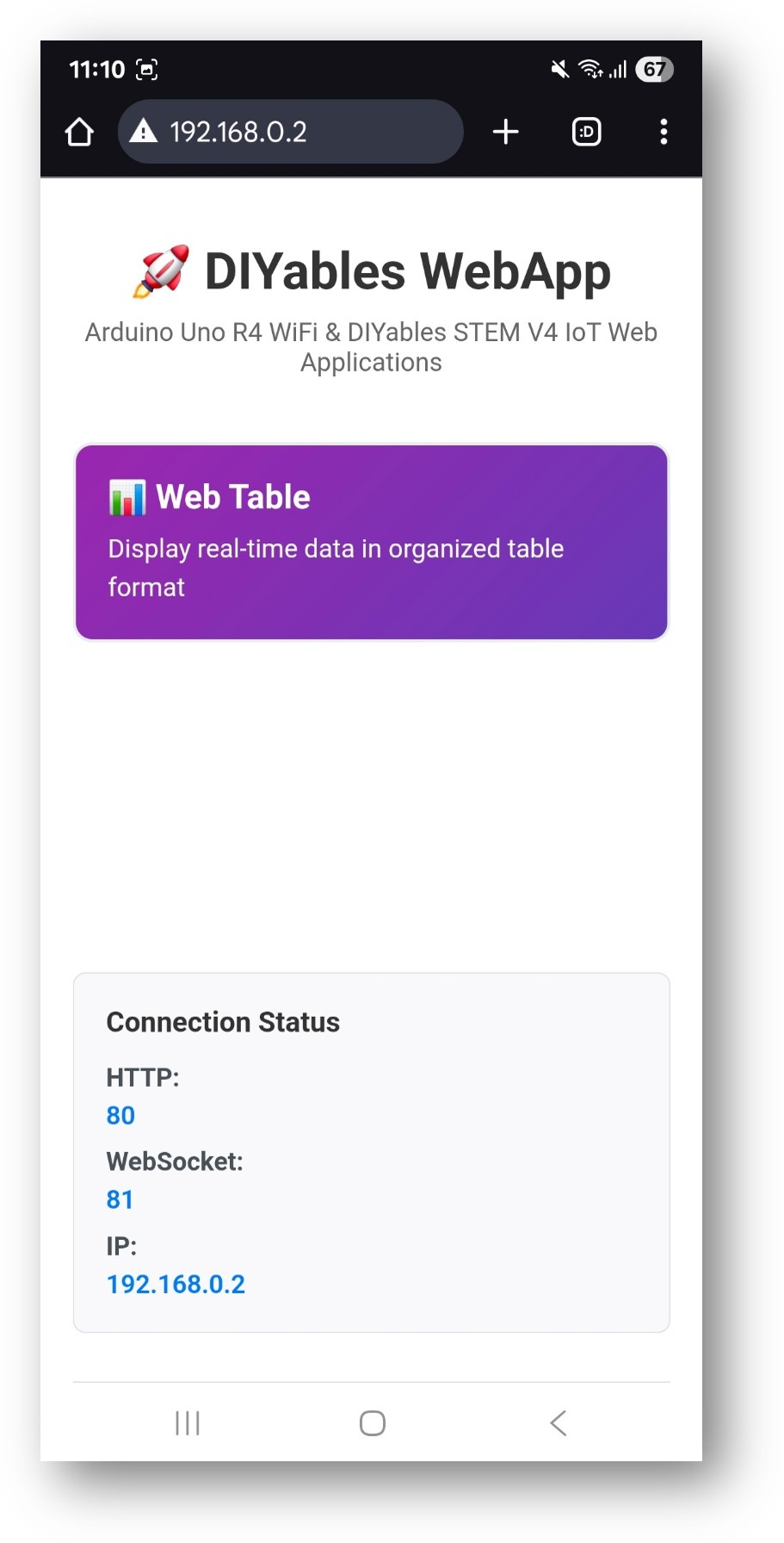 Arduino Nano ESP32 DIYables WebApp Startseite mit Web-Tabellen-App