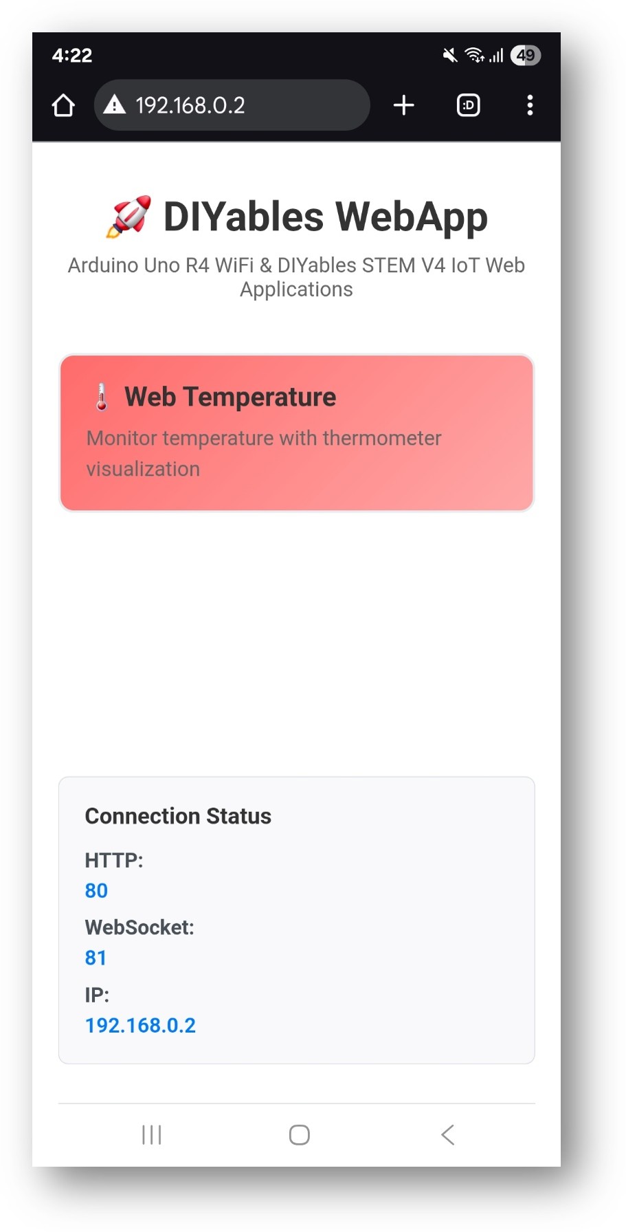 Arduino Nano ESP32 DIYables WebApp Startseite mit Web-Temperatur-App