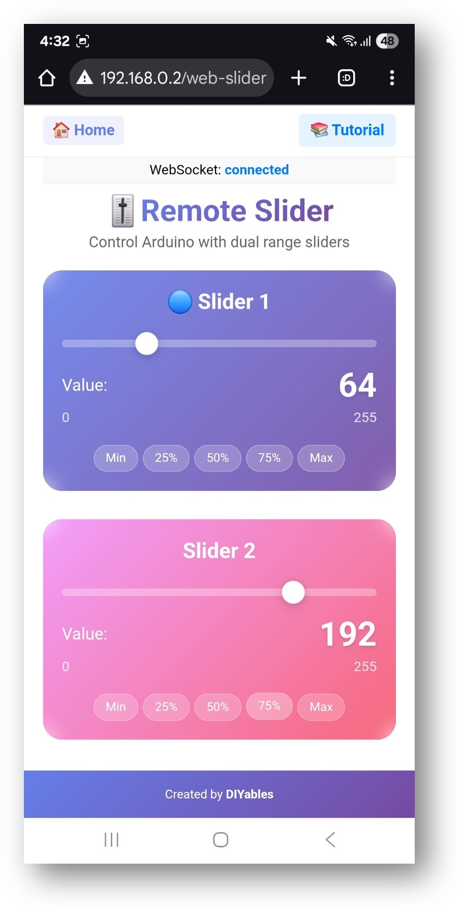 Arduino Nano ESP32 DIYables WebApp Web-Schieberegler-App