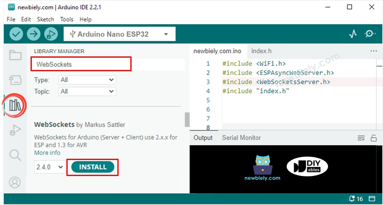 Arduino Nano ESP32 WebSockets-Bibliothek