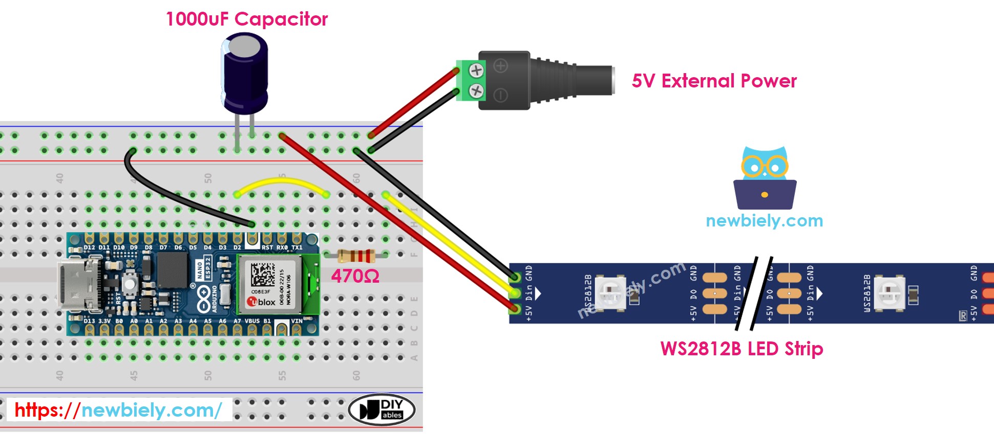 Arduino Nano ESP32 WS2812B RGB-LED-Streifen Verdrahtungsdiagramm