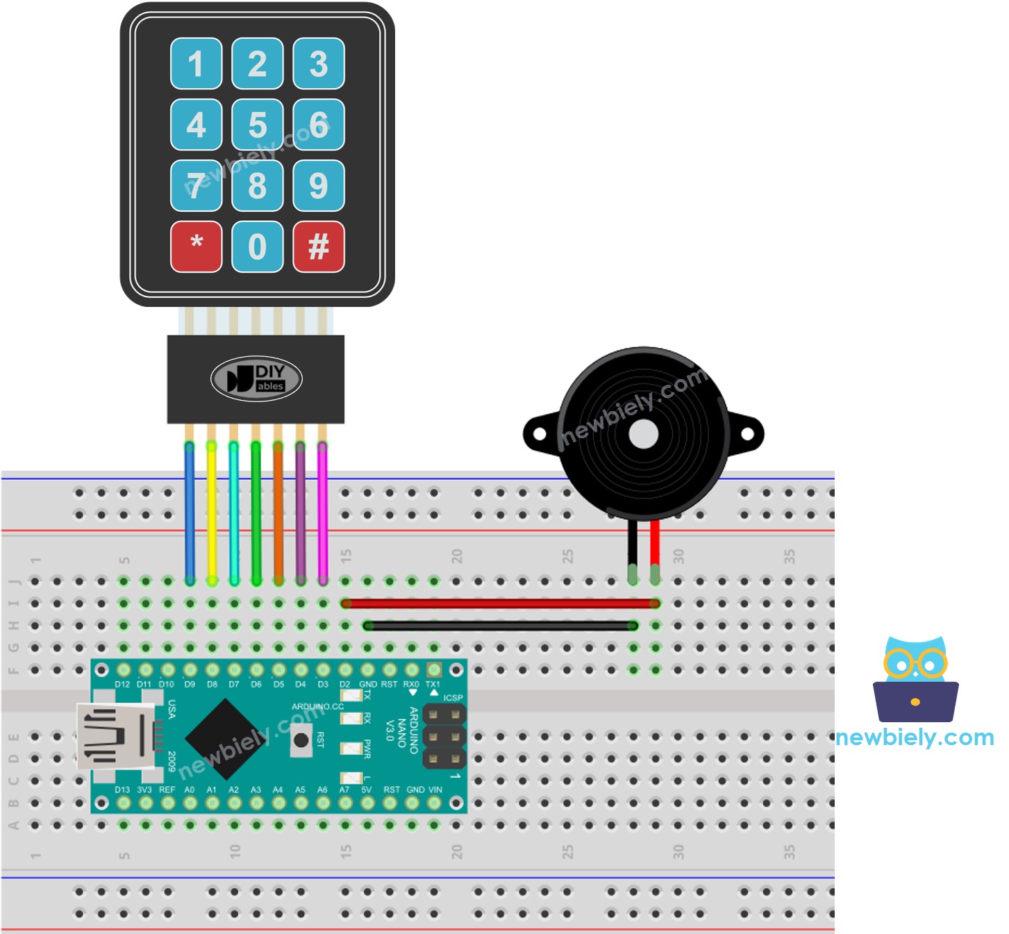 Arduino Nano Tastenfeld Piezo-Buzzer Verdrahtungsdiagramm