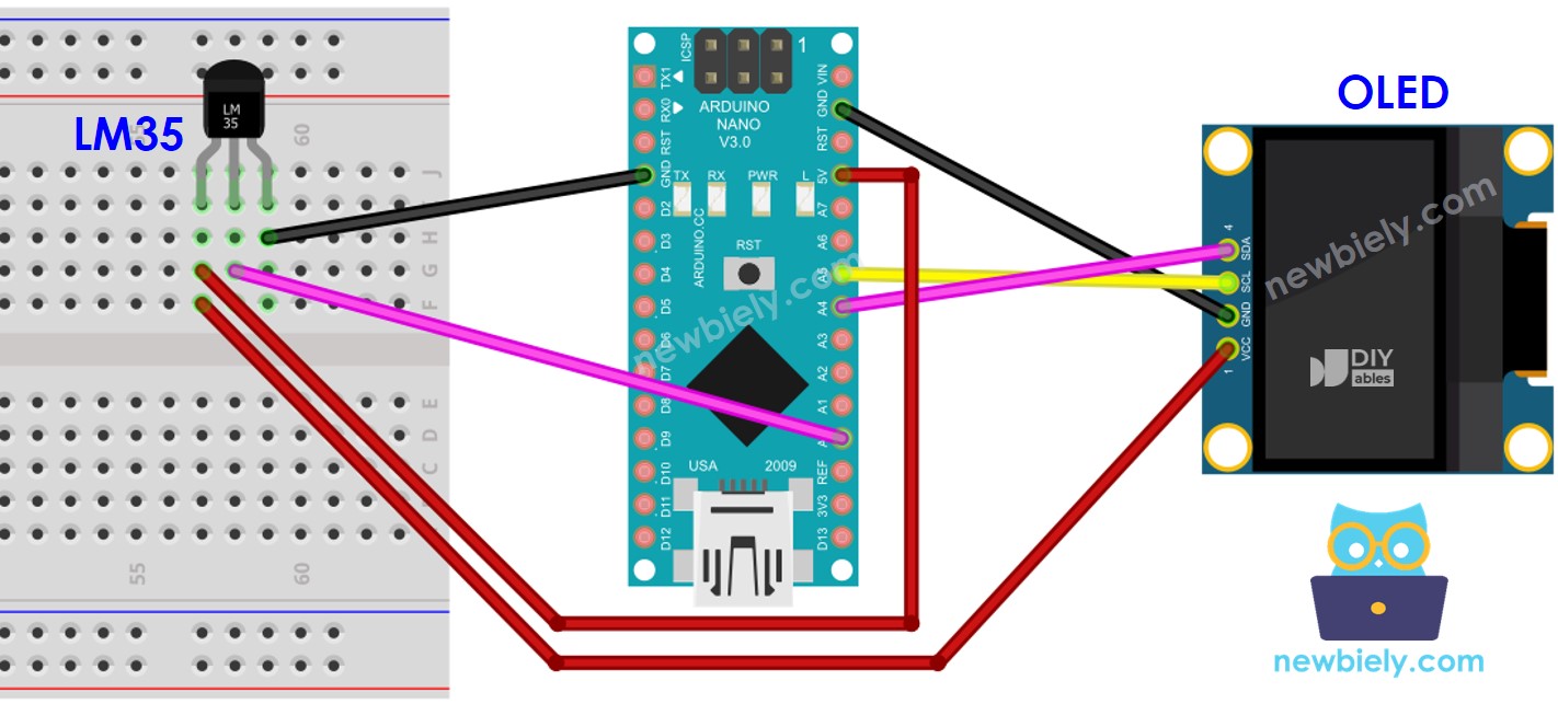 Arduino Nano LM35-Temperatursensor OLED-Schaltplan