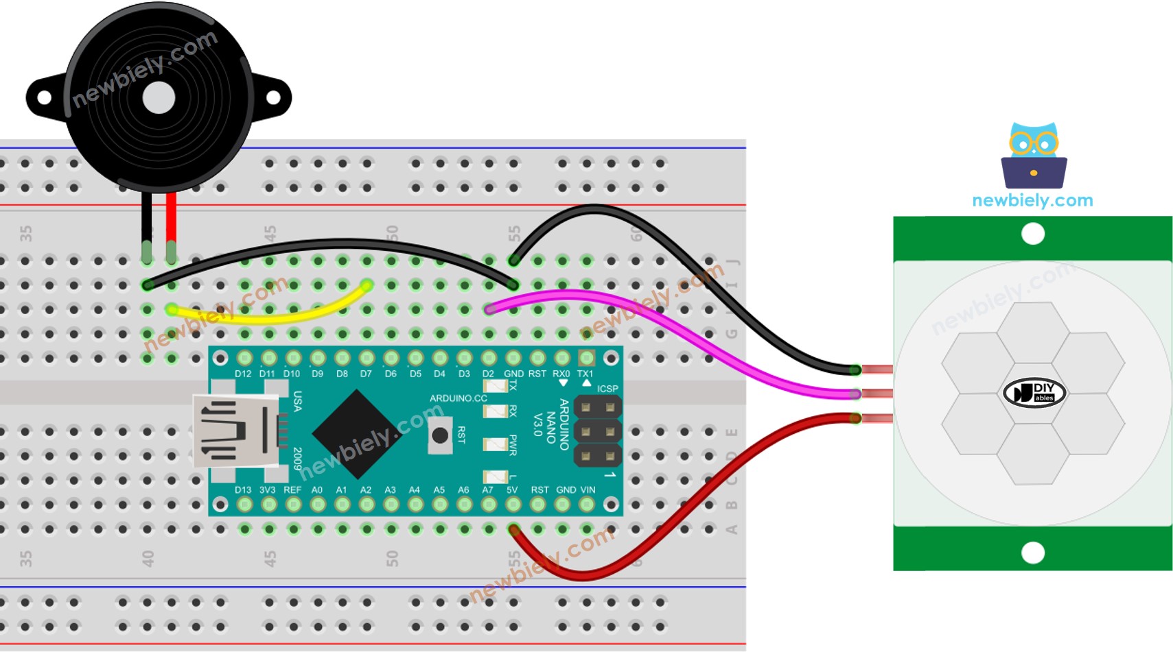 Arduino Nano Bewegungssensor Piezo-Buzzer Verdrahtungsdiagramm