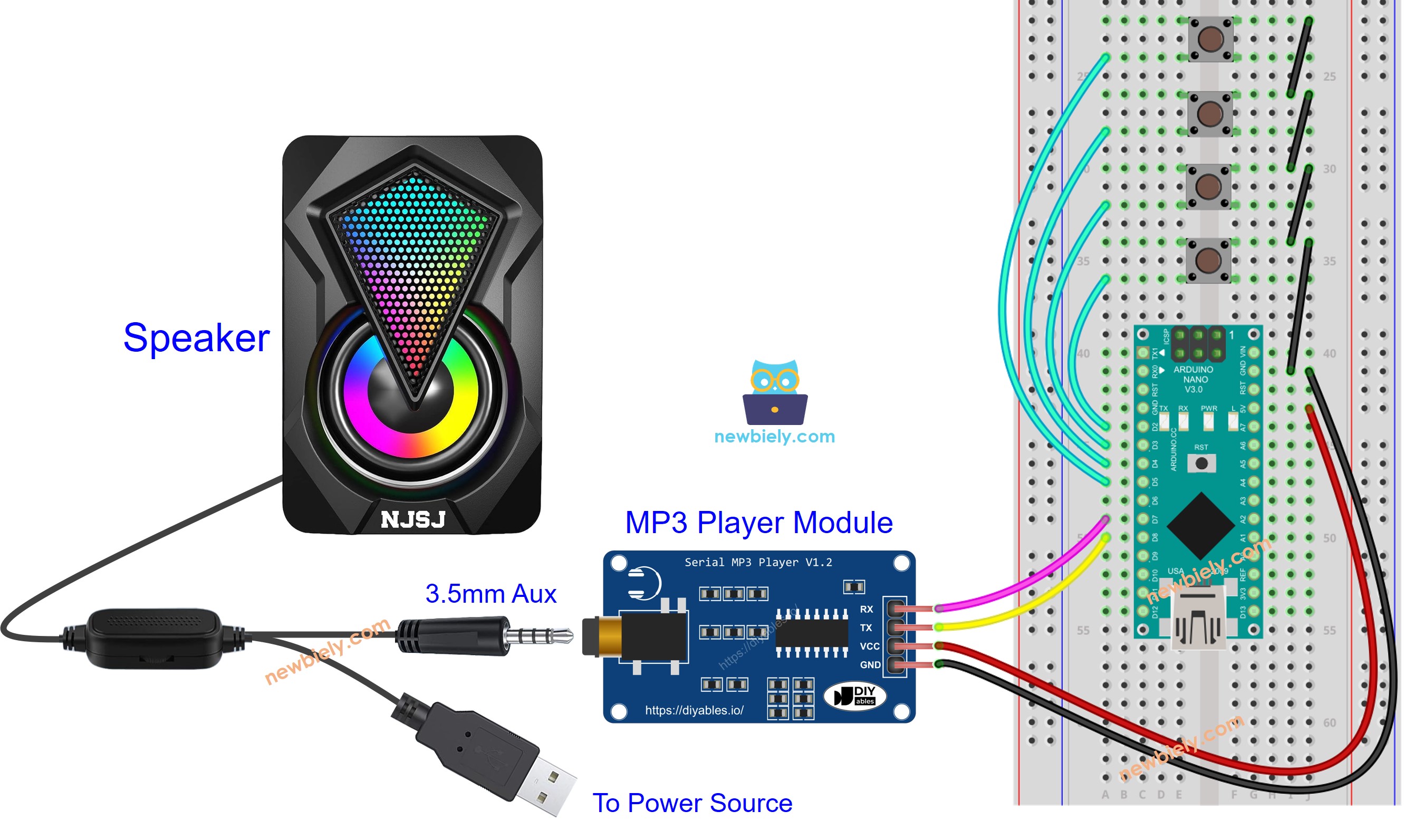Verdrahtungsdiagramm für Arduino Nano MP3-Player-Lautsprecher