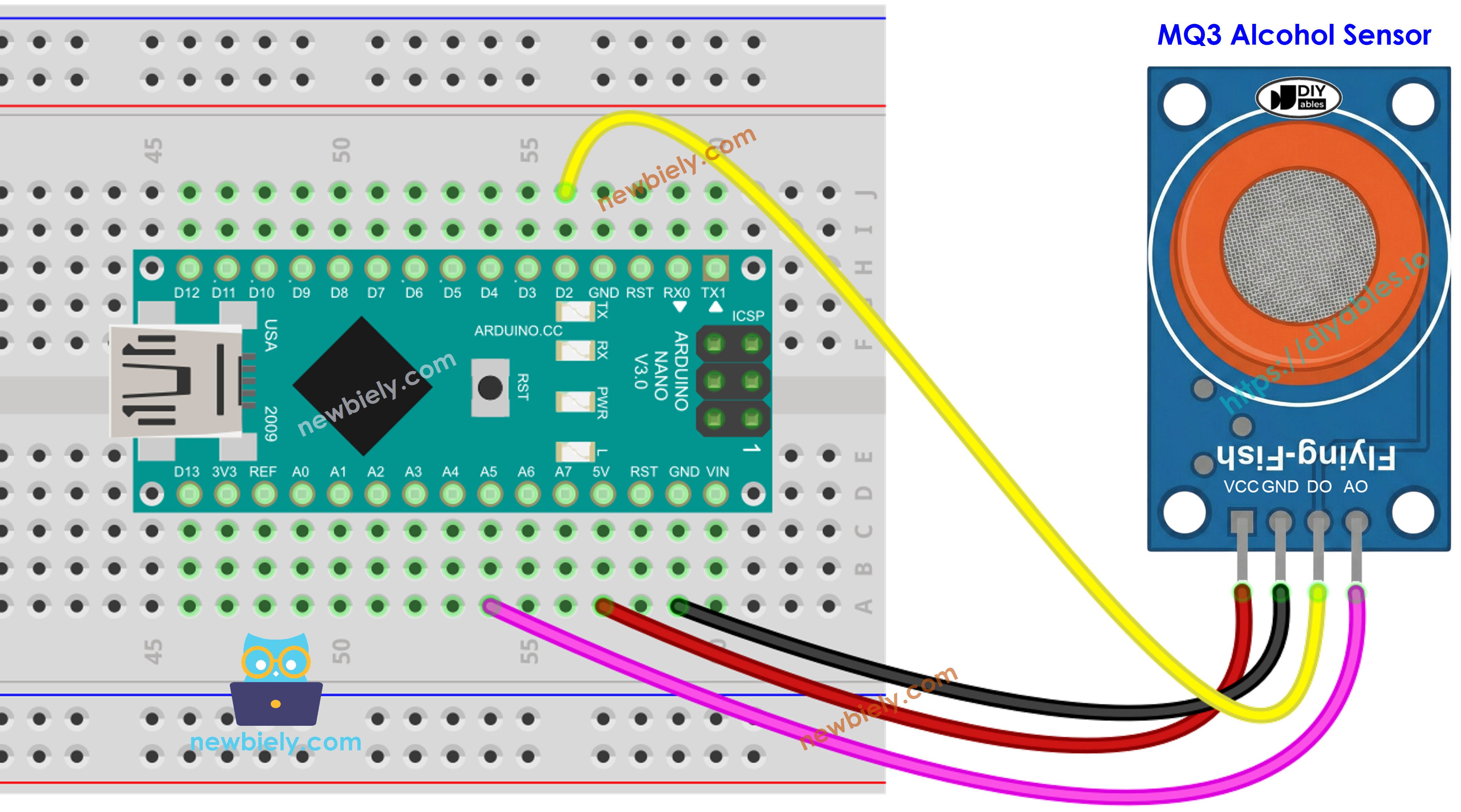 Arduino Nano und MQ3 Alkoholsensor Schaltplan mit Pin-Verbindungen