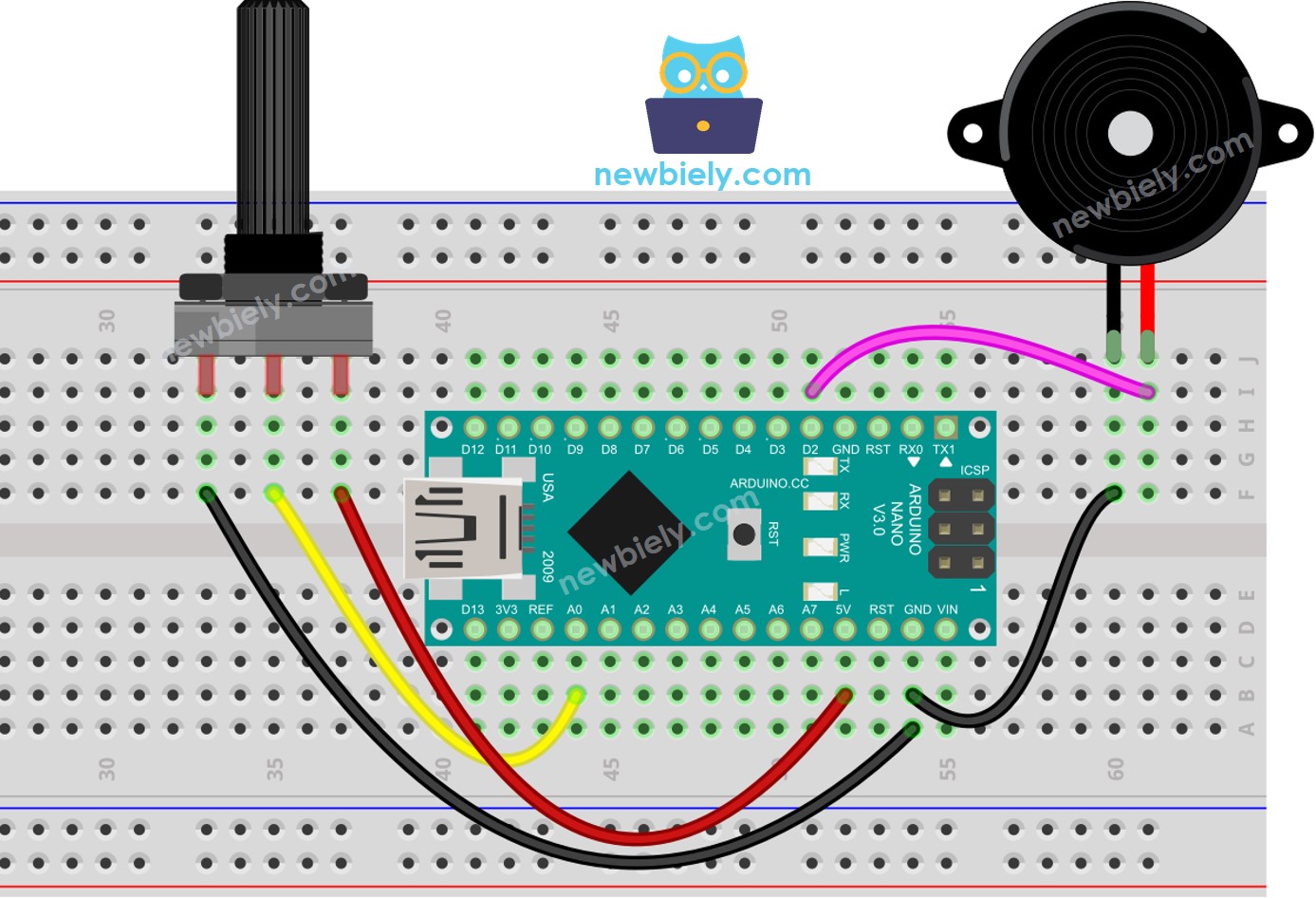 Arduino Nano Potentiometer Piezo-Buzzer Verdrahtungsdiagramm