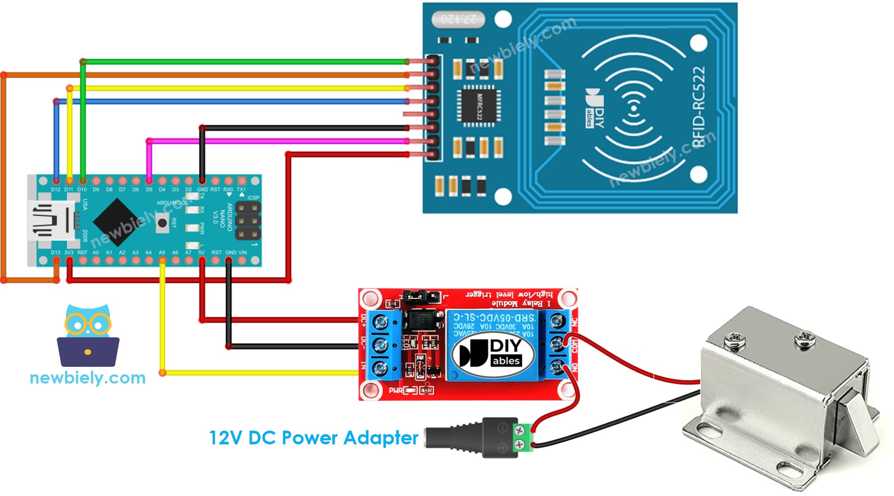 Arduino Nano RFID RC522 Tür-Solenoidschloss-System Verdrahtungsdiagramm