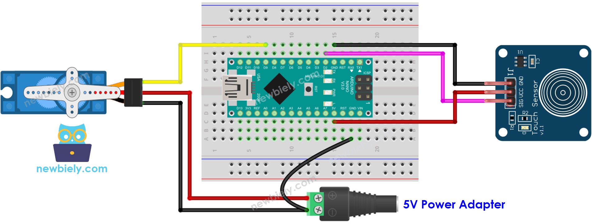 Arduino Nano Berührungssensor Servomotor Schaltplan