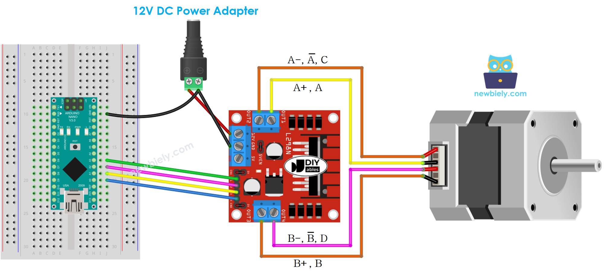 Verdrahtungsdiagramm für Arduino Nano Schrittmotor L298N-Treiber