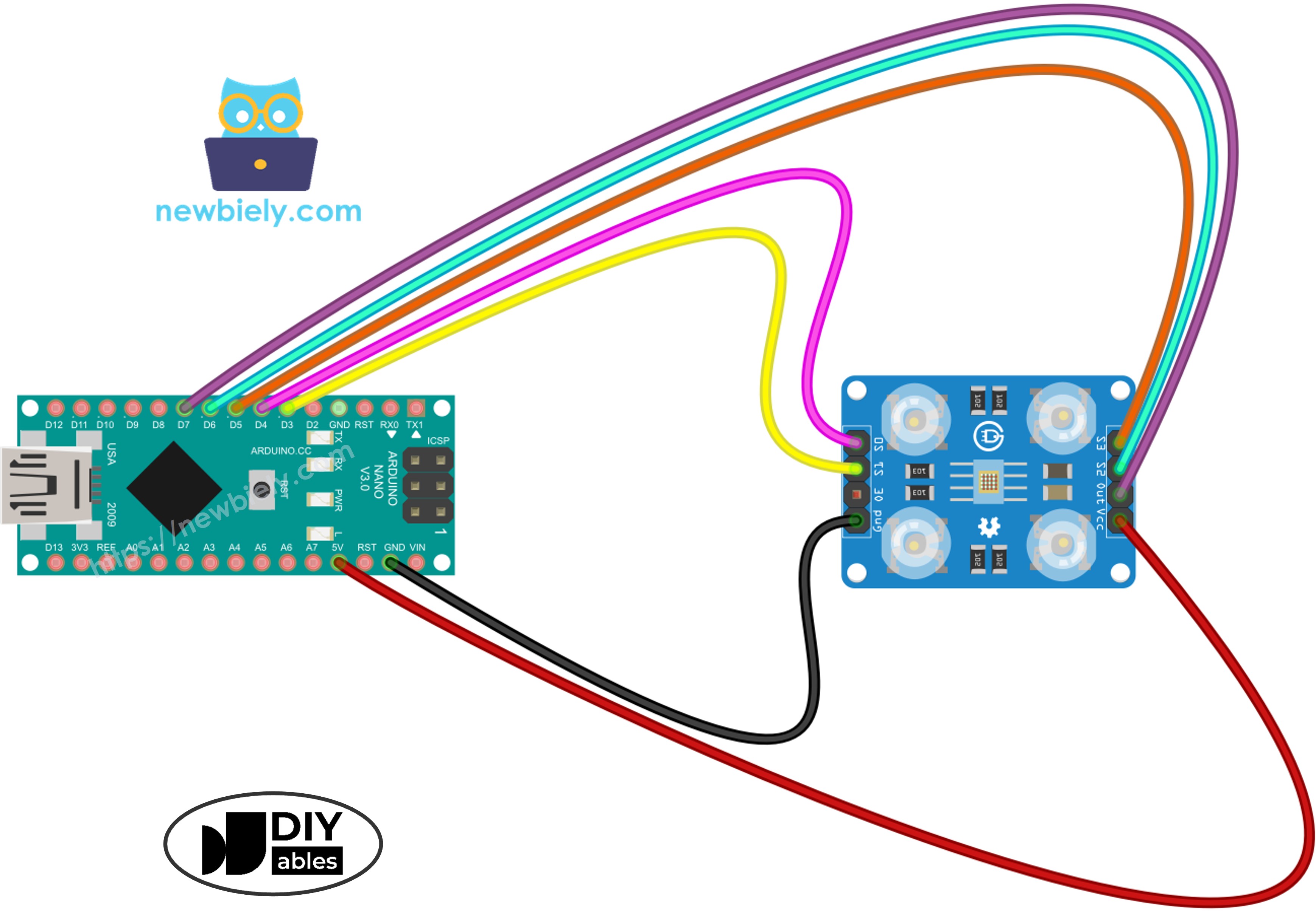 Arduino Nano und TCS3200 Farbsensor Schaltplan zeigt Verbindungen zwischen Pins