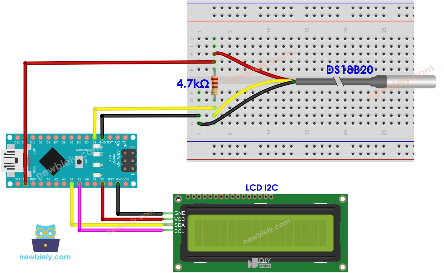 Arduino Nano Temperatursensor LCD Verdrahtungsdiagramm