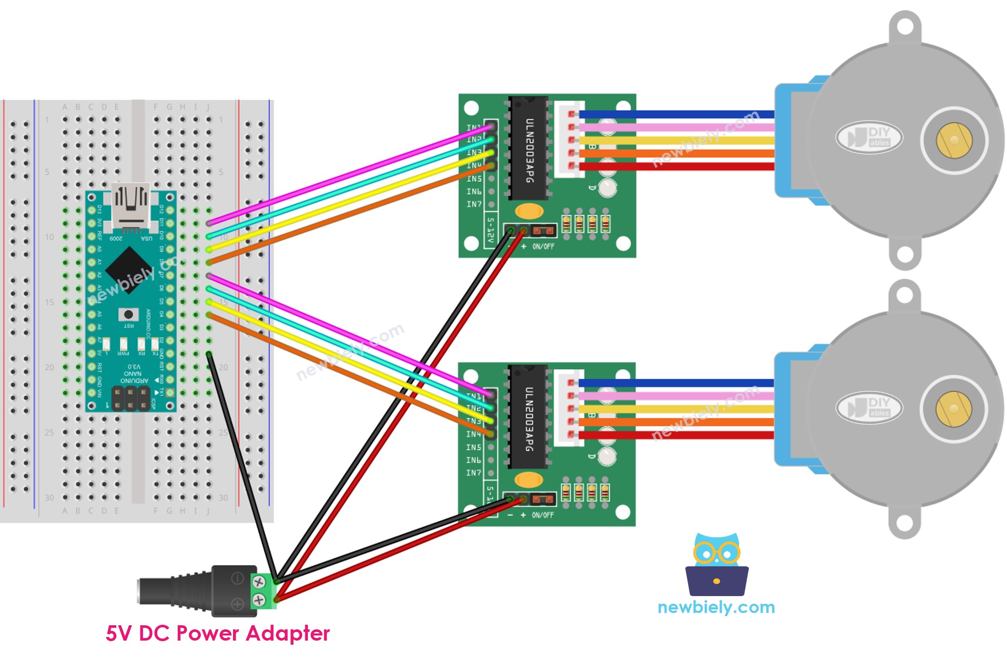 Arduino Nano zwei Schrittmotoren ULN2003-Treiber Verdrahtungsdiagramm
