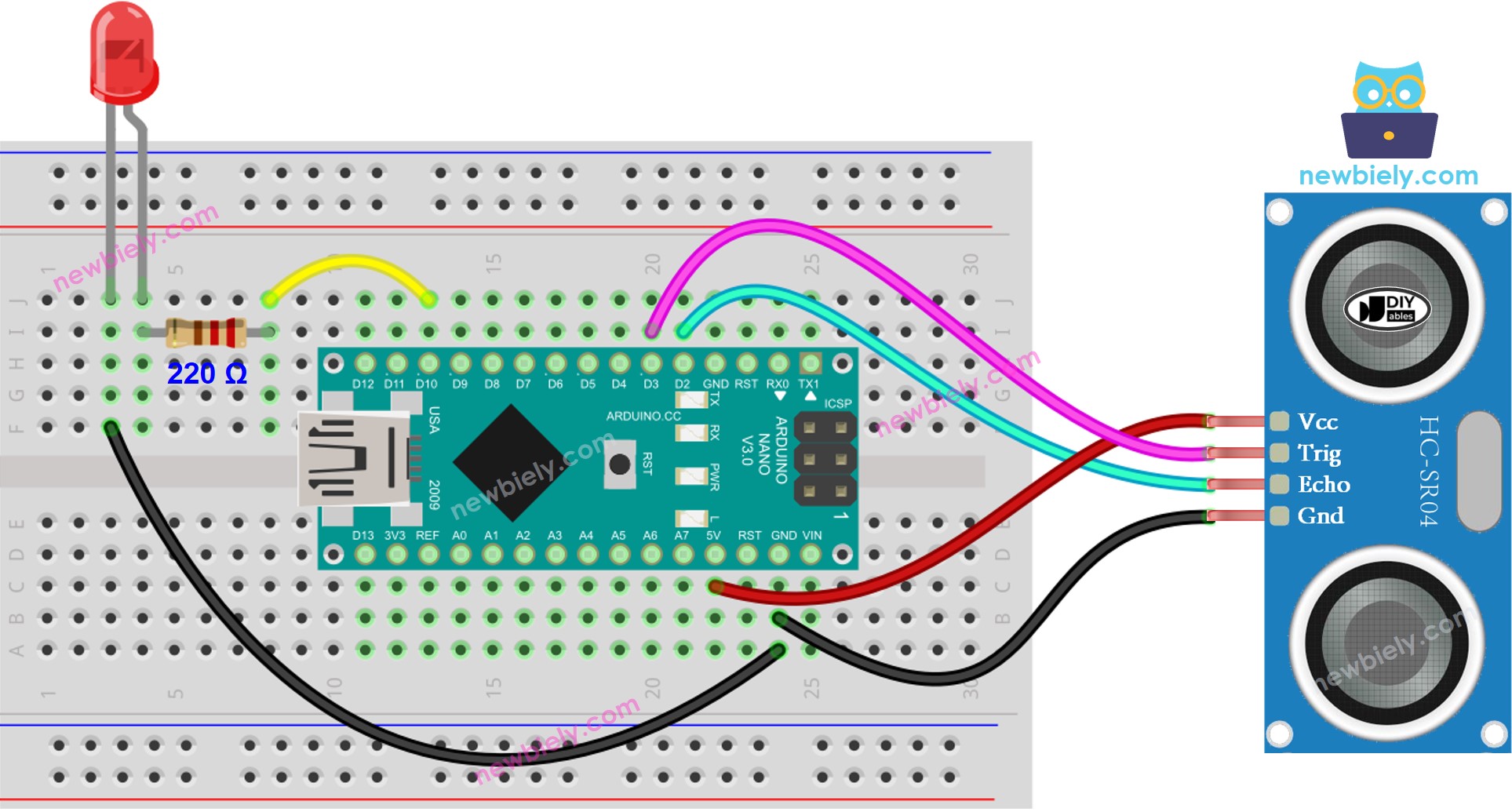 Arduino Nano Ultraschallsensor LED-Verdrahtungsdiagramm