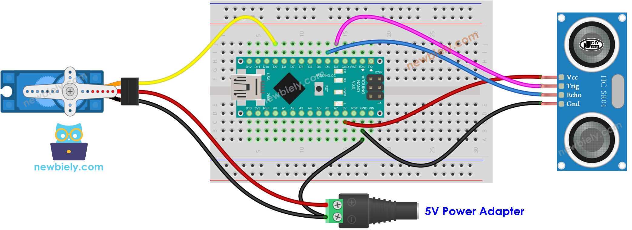 Arduino Nano Ultraschall-Sensor Servomotor Verdrahtungsdiagramm