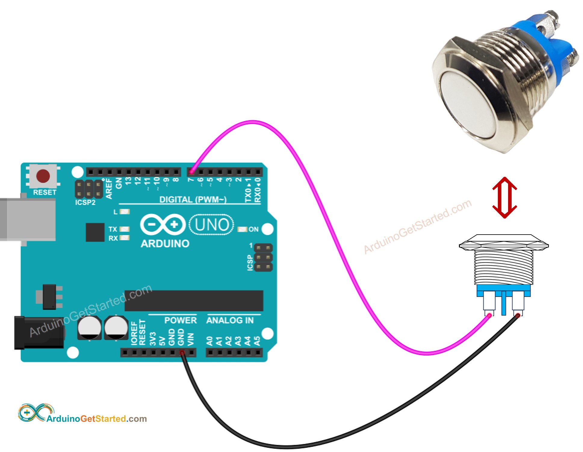 Arduino-Drucktaster mit zwei Pins Verdrahtungsdiagramm