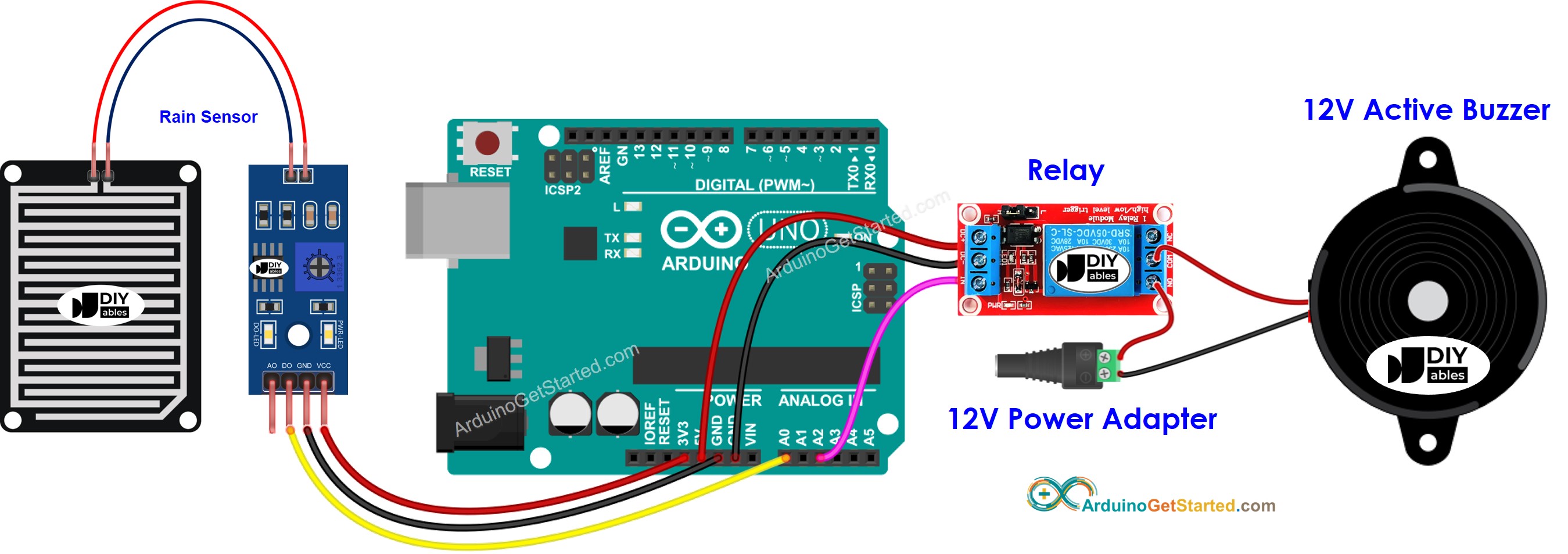 Arduino-Regen-Sensor 12-V Piezo-Buzzer Verdrahtungsdiagramm