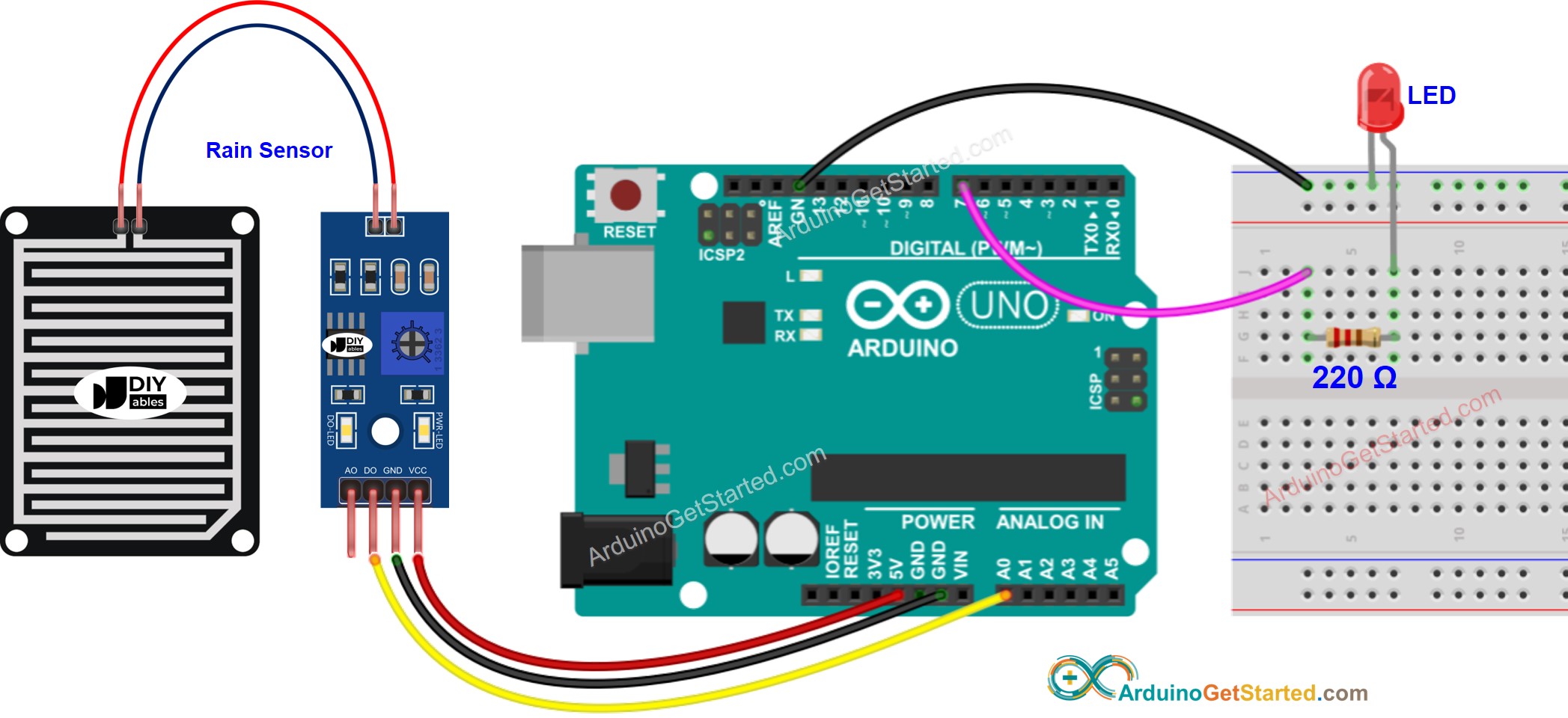 Arduino-Regen-Sensor LED-Verdrahtungsdiagramm