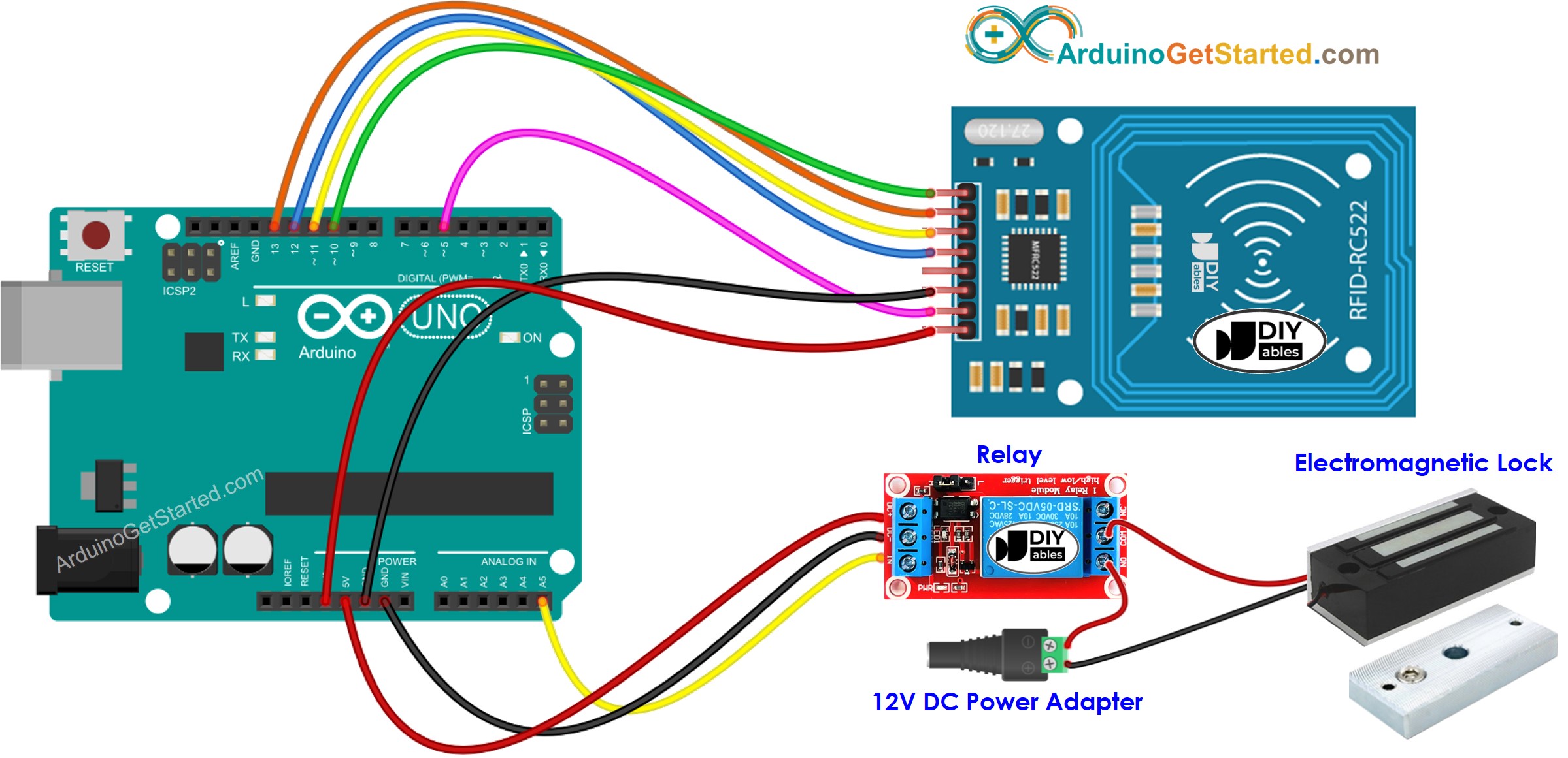 Schaltplan zur Verdrahtung eines elektromagnetischen Türschlosses mit Arduino RFID RC522