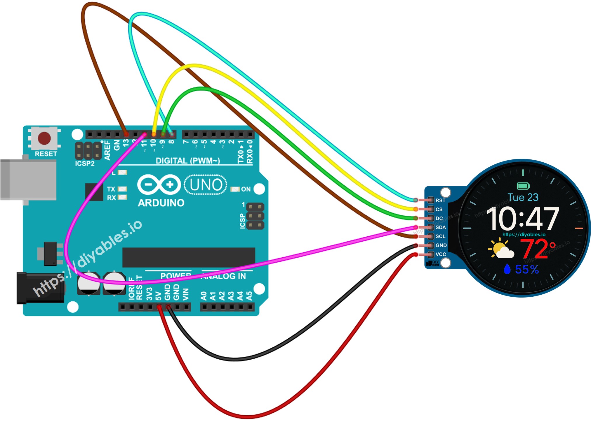 Arduino 1,28-Zoll runder TFT-LCD-Display Verdrahtungsdiagramm